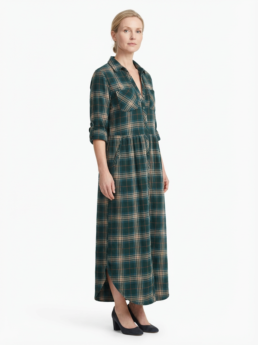 Maxi Dress Women Plaid Shirt Style Lapel Collar Single Breasted Long Sleeve