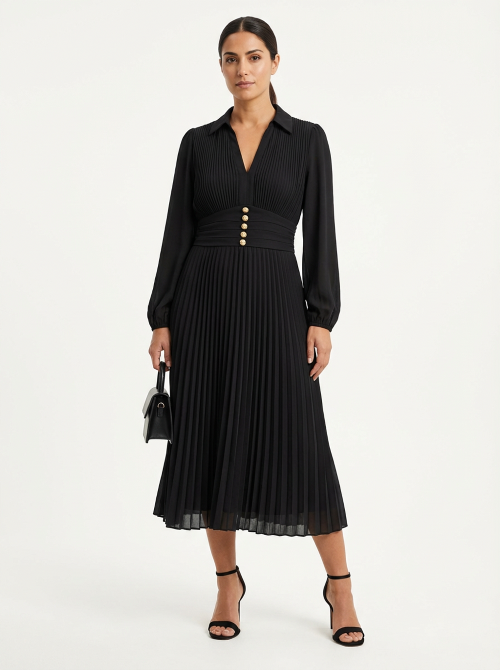 Maxi Dress Women Pleated Skirt Lapel Collar Long Sleeve Waist Belt
