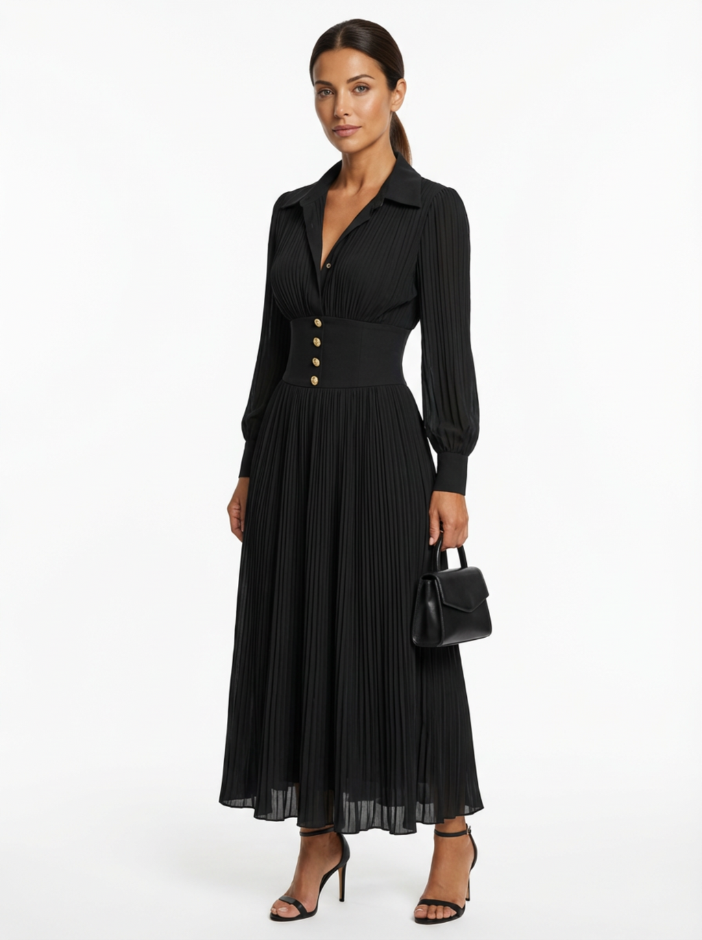 Maxi Dress Women Pleated Skirt Lapel Collar Long Sleeve Waist Belt
