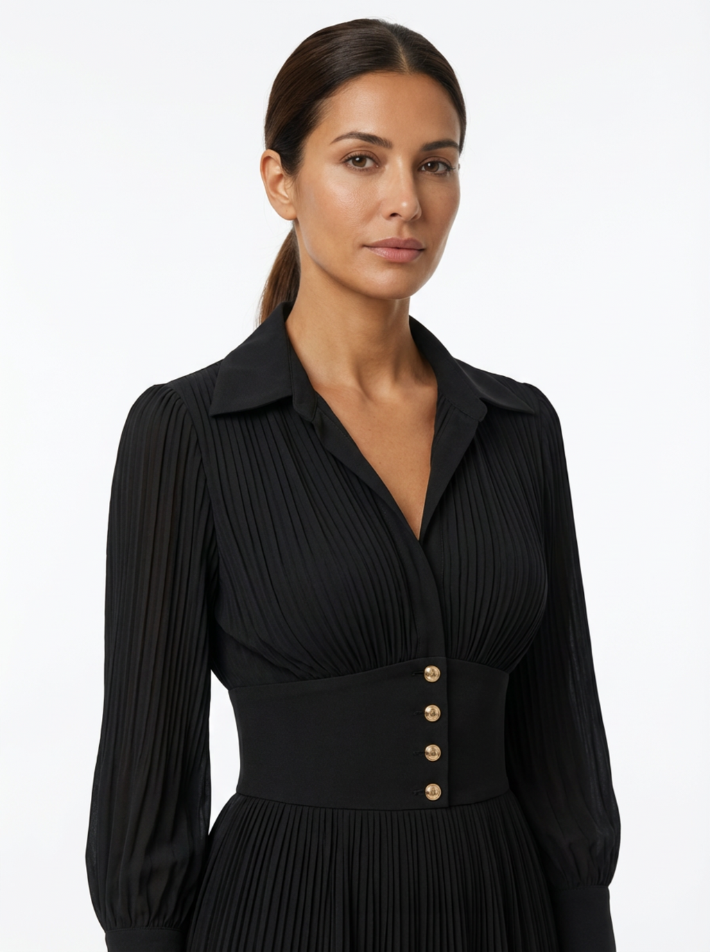 Maxi Dress Women Pleated Skirt Lapel Collar Long Sleeve Waist Belt