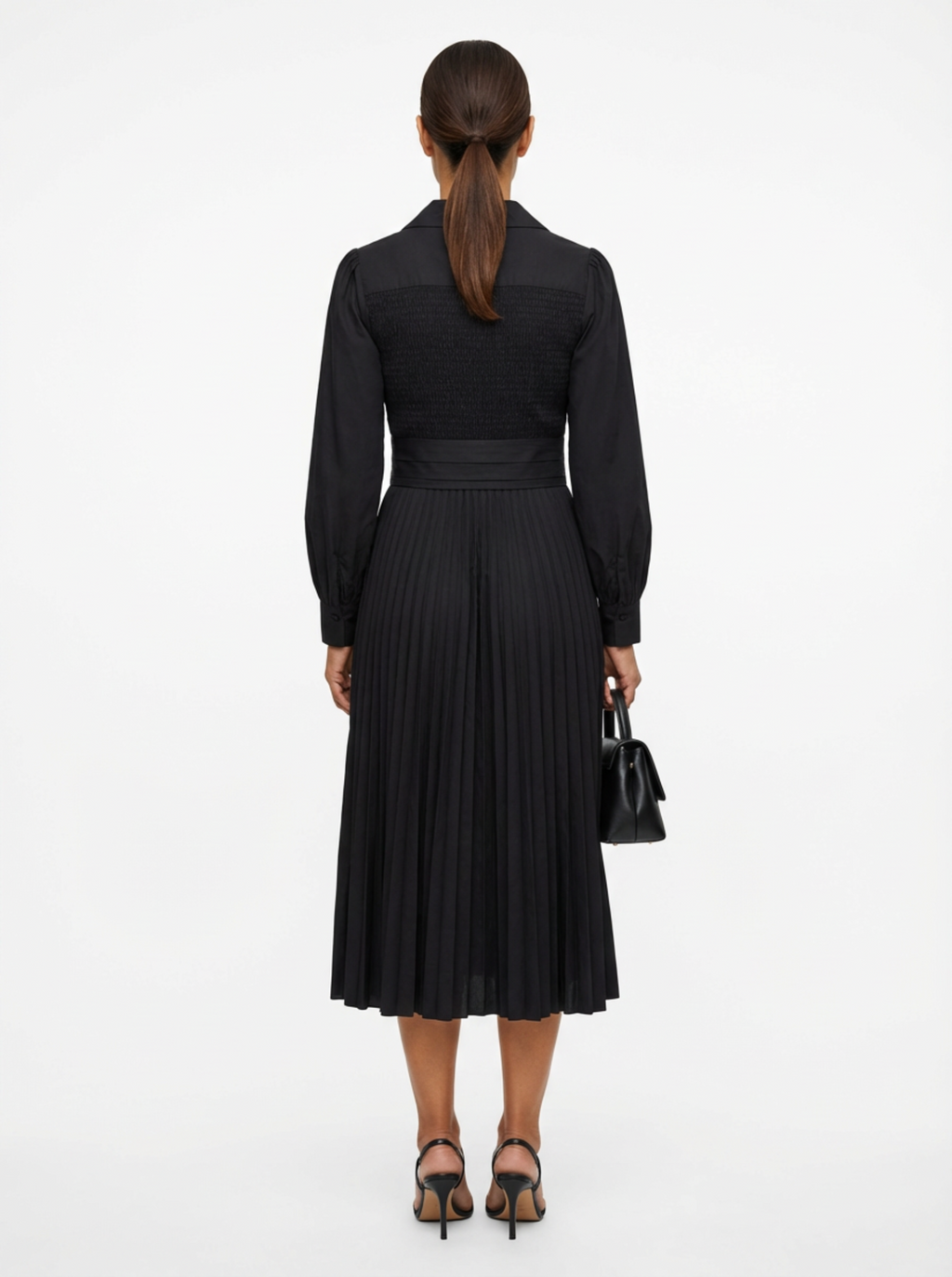 Maxi Dress Women Pleated Skirt Lapel Collar Long Sleeve Waist Belt