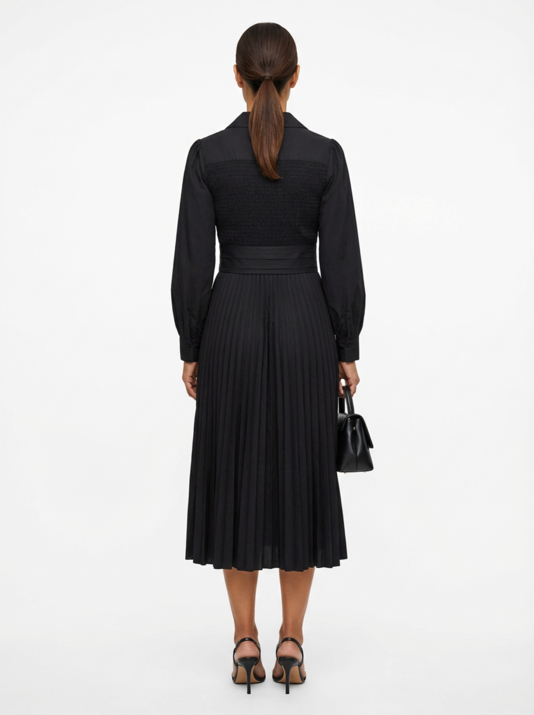 Maxi Dress Women Pleated Skirt Lapel Collar Long Sleeve Waist Belt