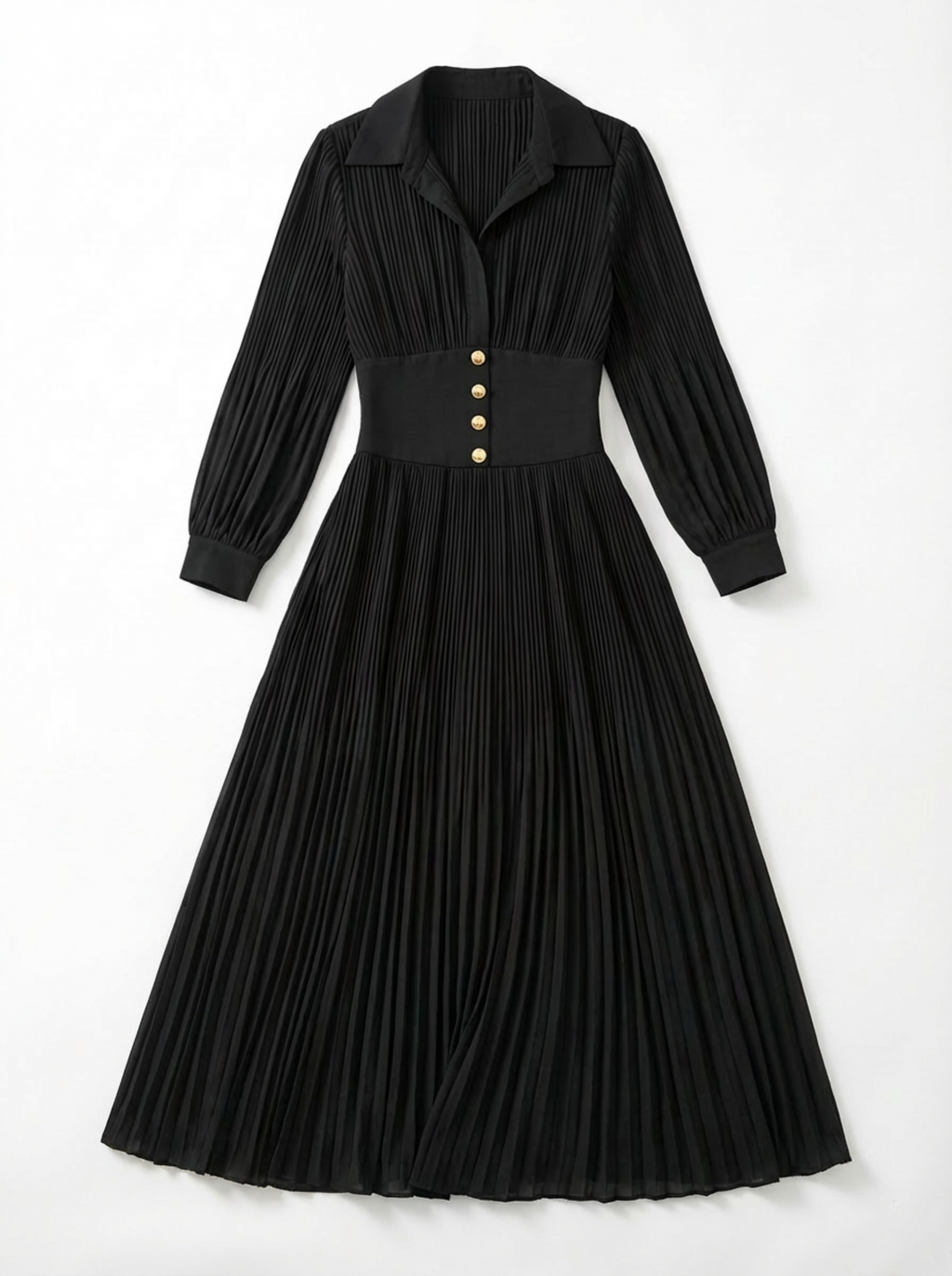 Maxi Dress Women Pleated Skirt Lapel Collar Long Sleeve Waist Belt