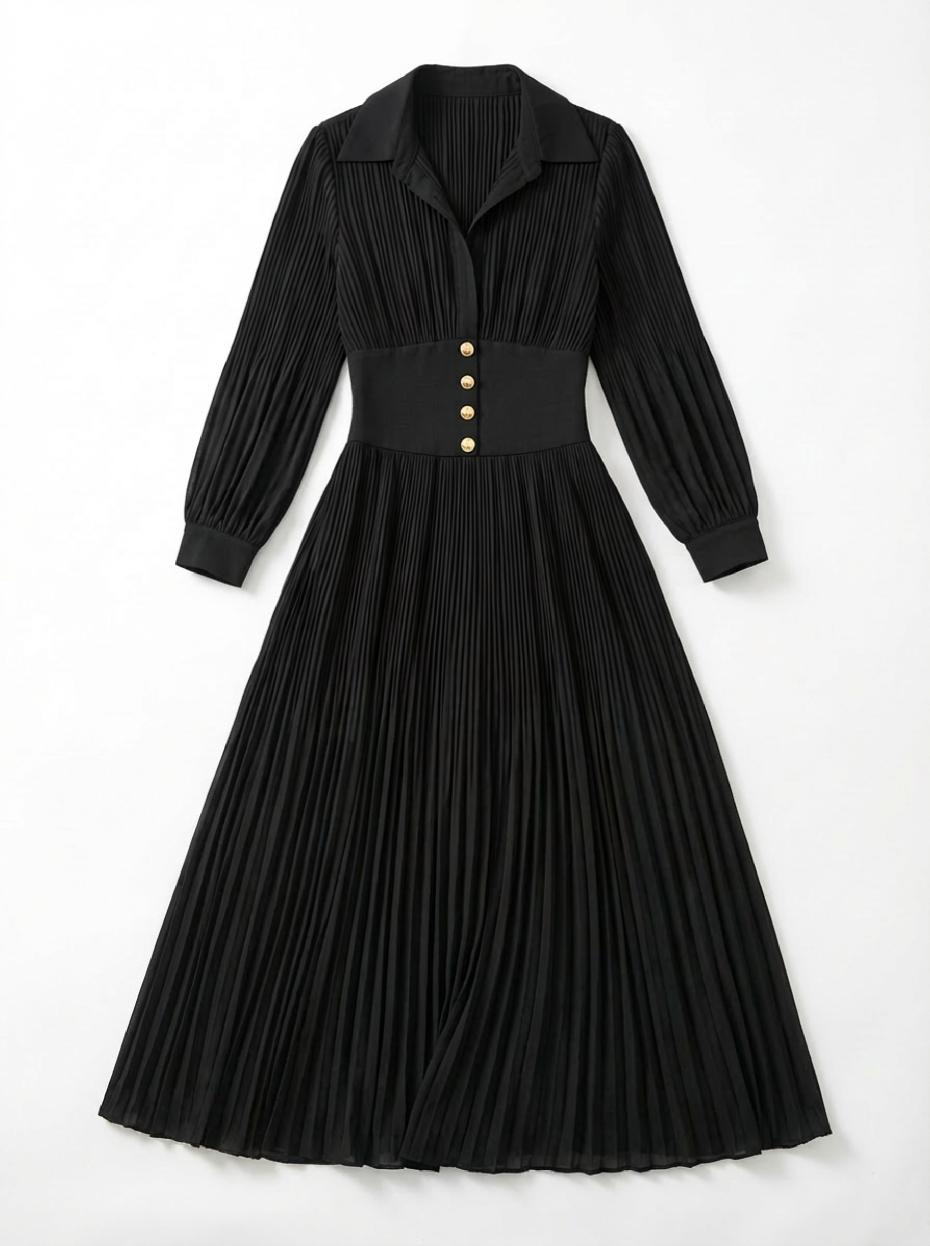 Maxi Dress Women Pleated Skirt Lapel Collar Long Sleeve Waist Belt
