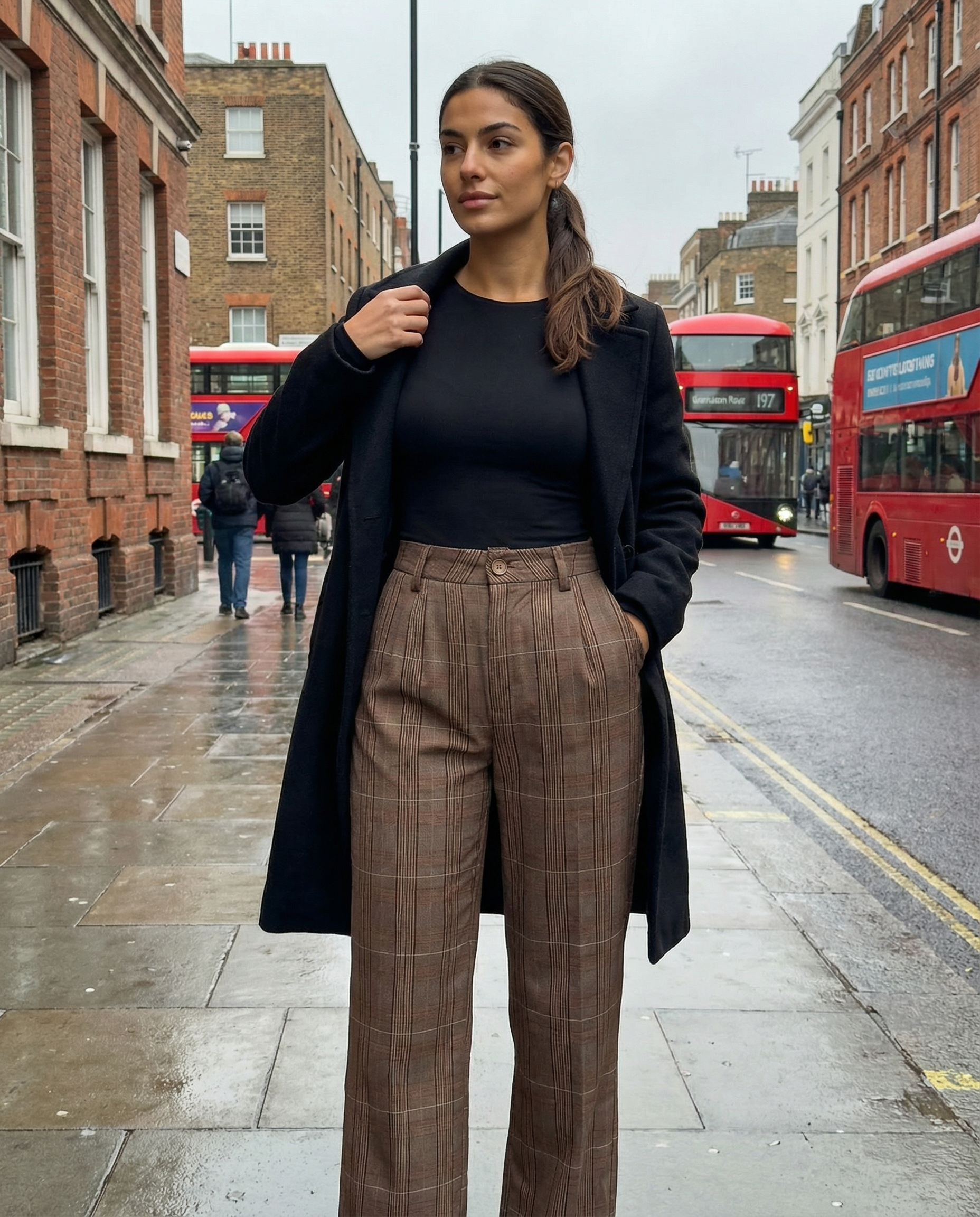 Pants Women Straight-Leg High-Rise Plaid Pattern