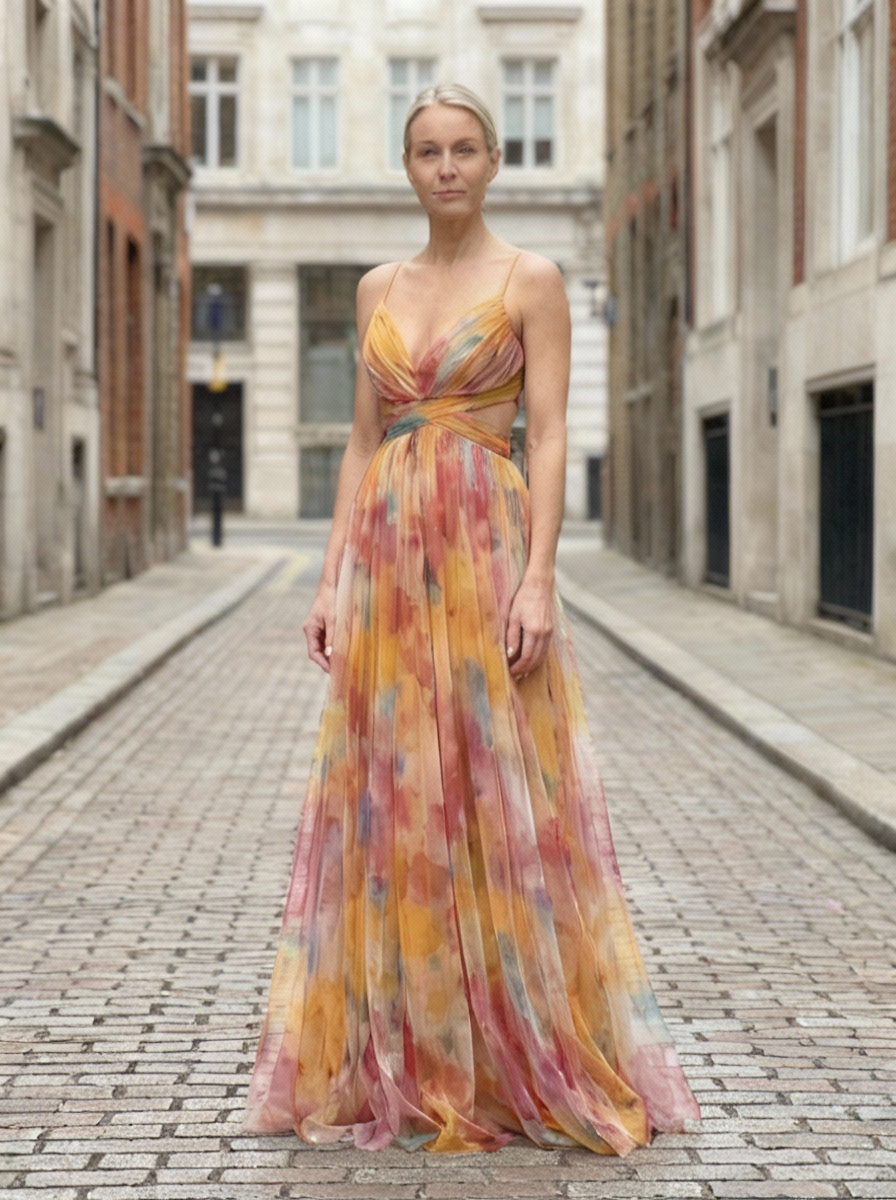 Maxi Dress Women Floral Pattern Tie-Front Waist Flowing Skirt