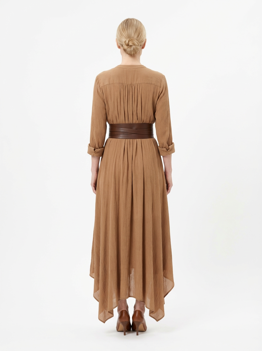 Maxi Dress Women Single Breasted Pleated Lapel Collar Long Sleeve