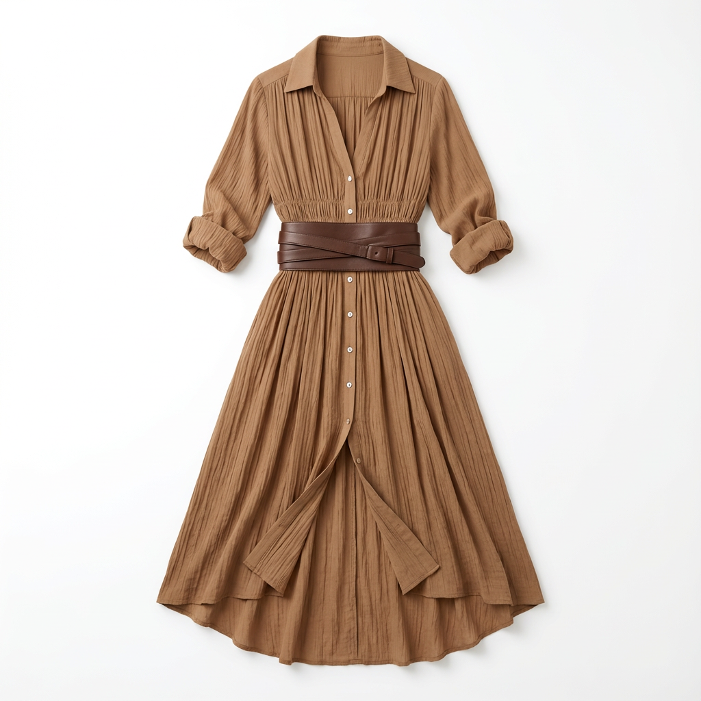 Maxi Dress Women Single Breasted Pleated Lapel Collar Long Sleeve