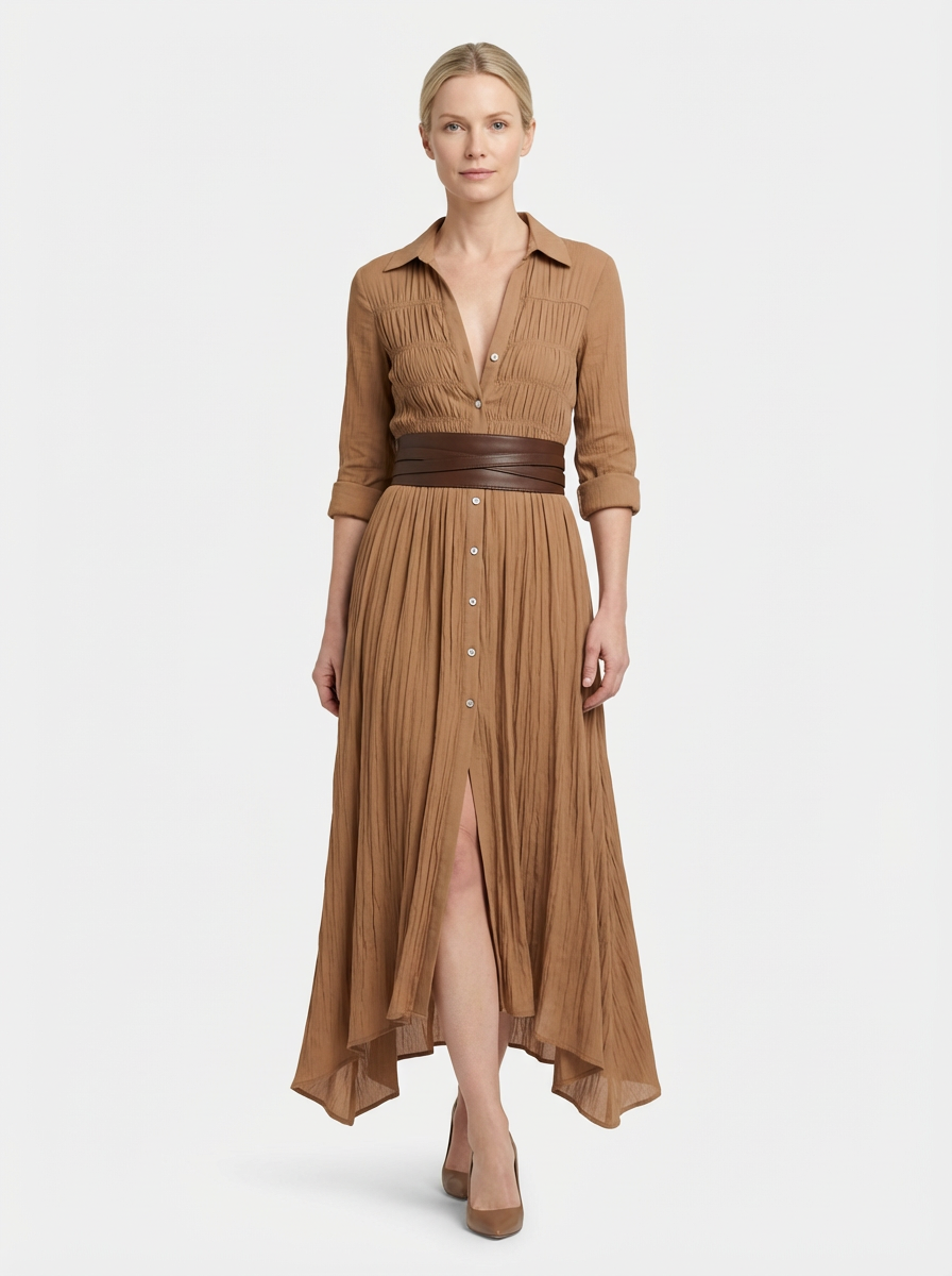 Maxi Dress Women Single Breasted Pleated Lapel Collar Long Sleeve