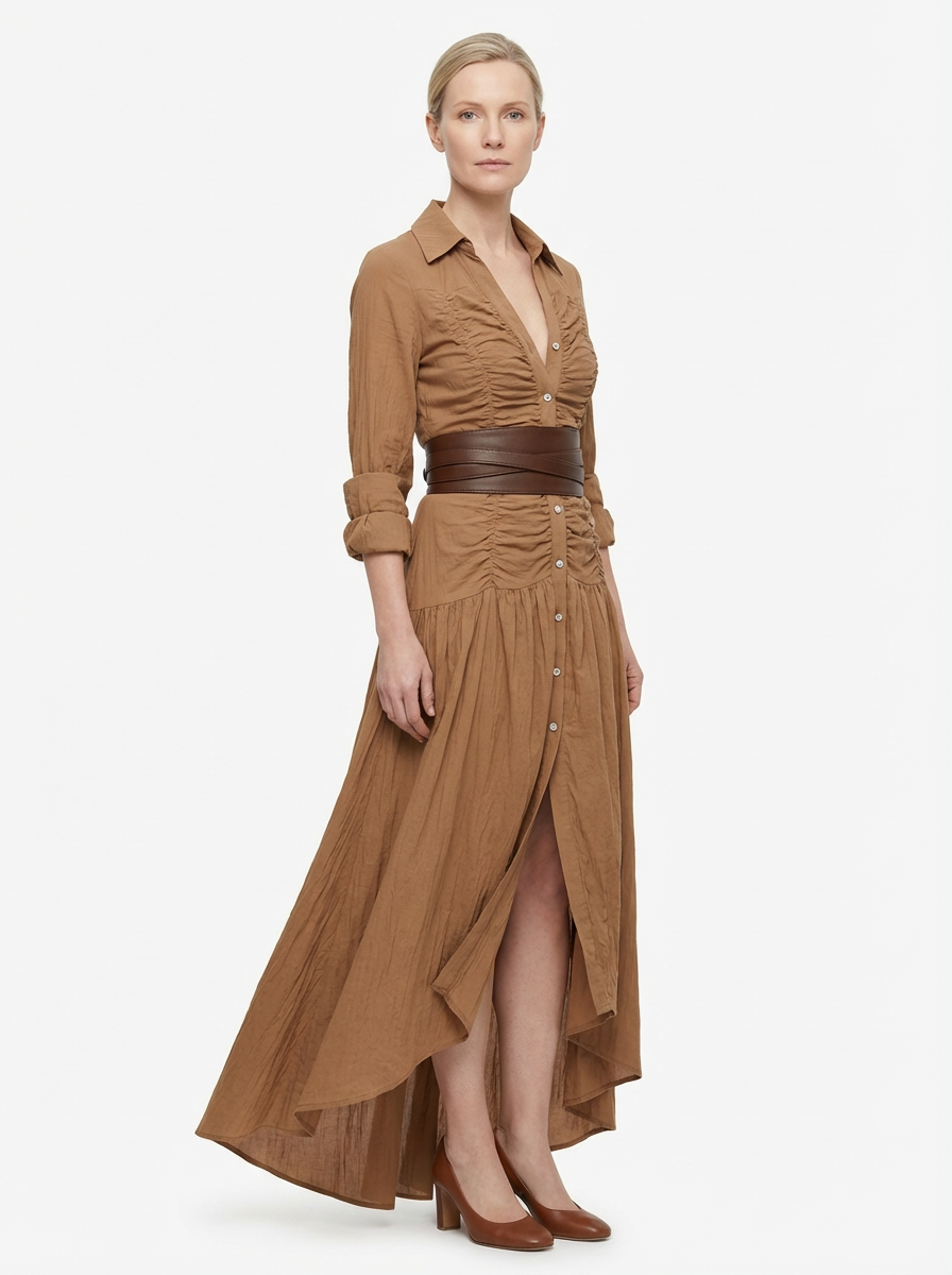 Maxi Dress Women Single Breasted Pleated Lapel Collar Long Sleeve