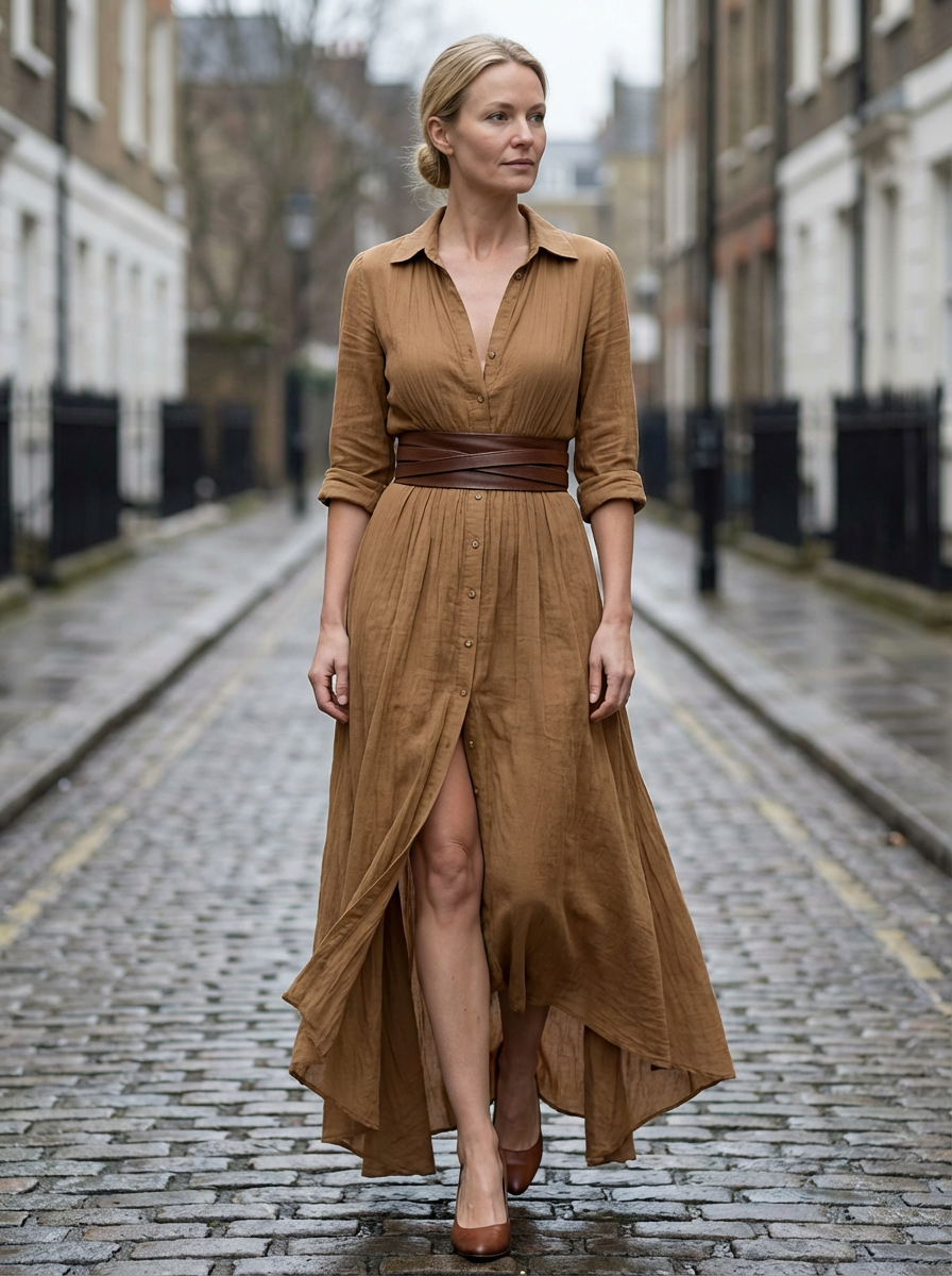 Maxi Dress Women Single Breasted Pleated Lapel Collar Long Sleeve