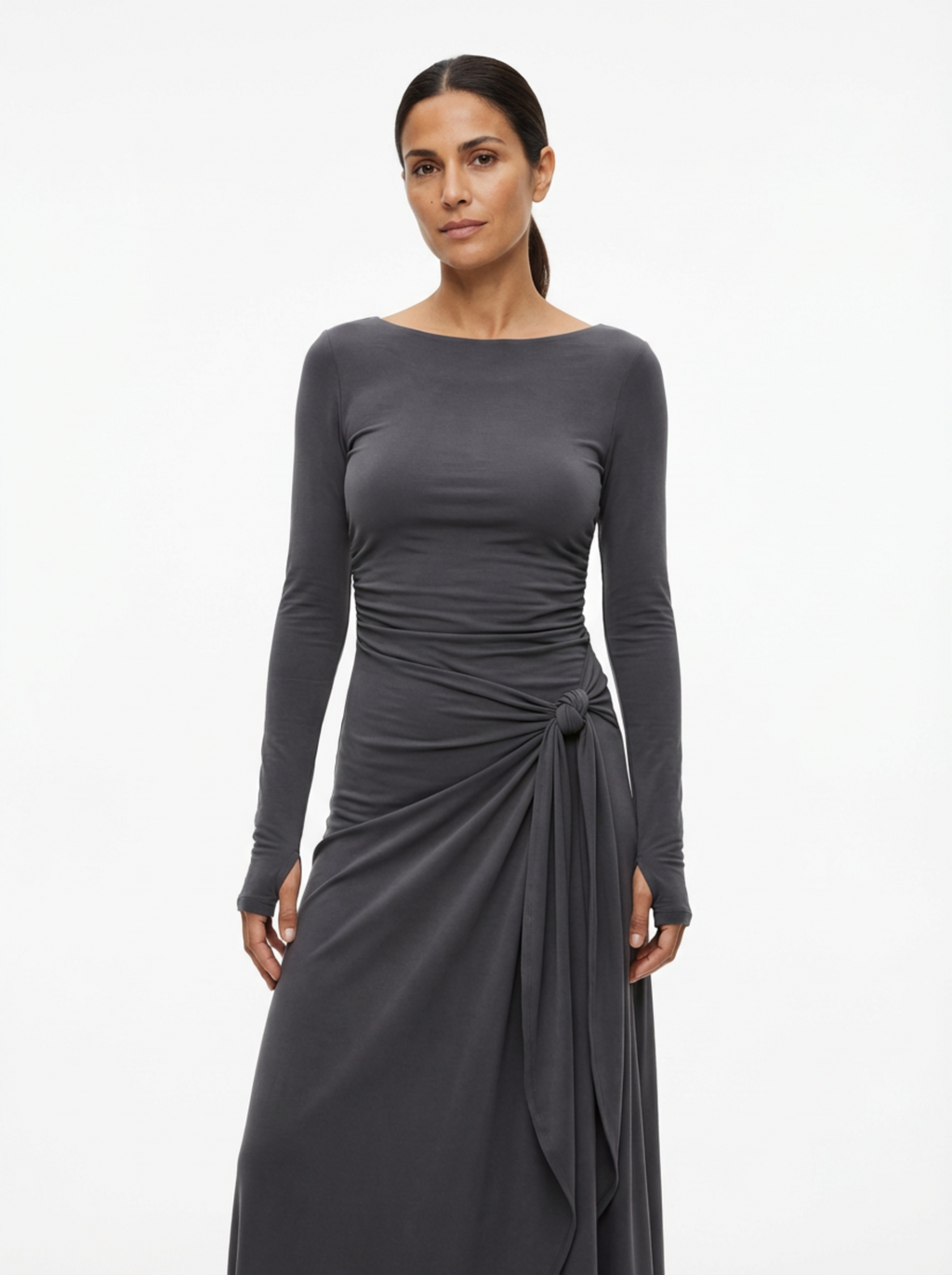 Maxi Dress Women Wrap Front Knot Detail V‑Neck Longsleeve