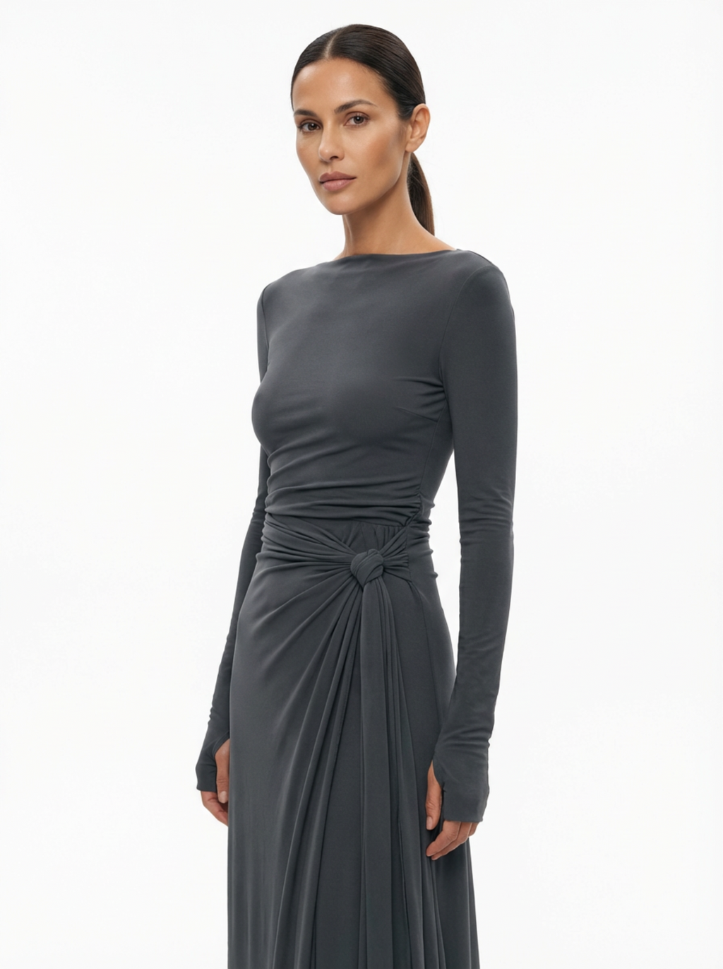Maxi Dress Women Wrap Front Knot Detail V‑Neck Longsleeve