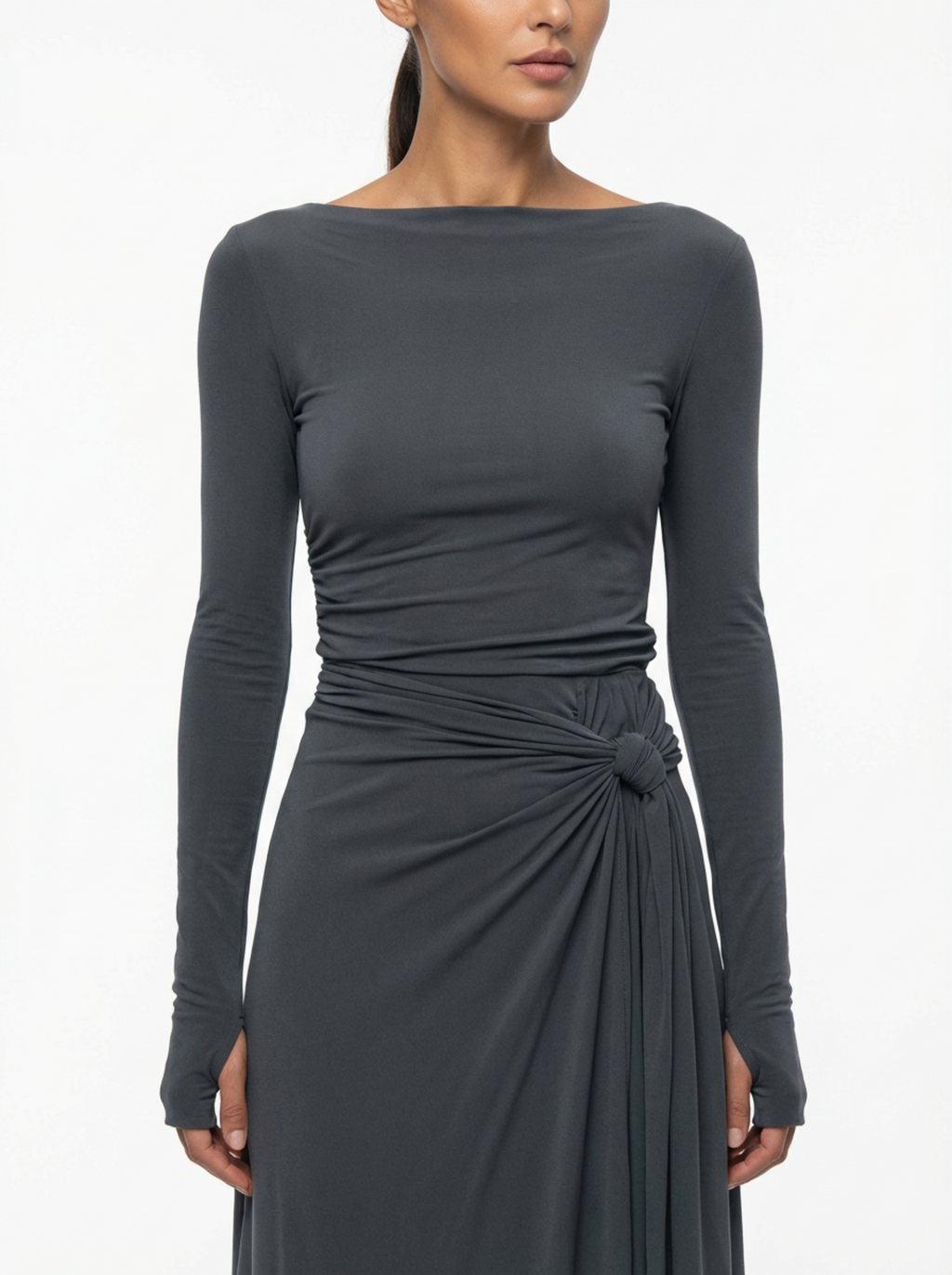 Maxi Dress Women Wrap Front Knot Detail V‑Neck Longsleeve