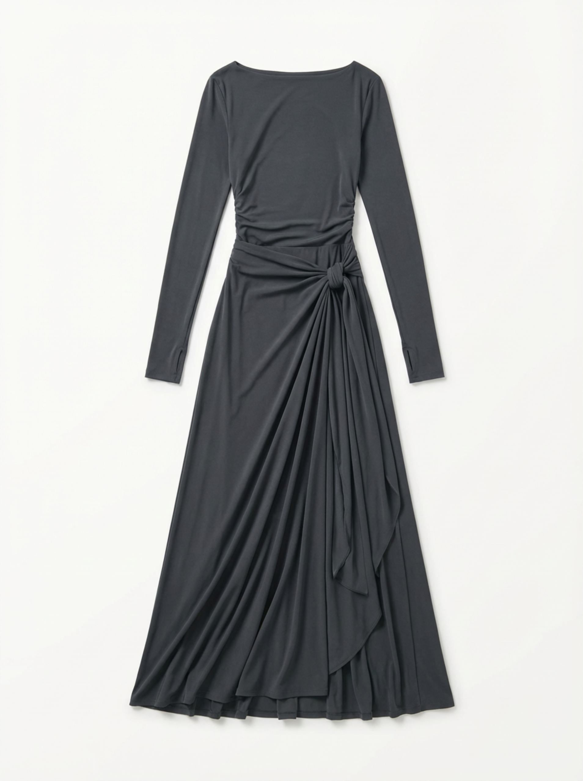 Maxi Dress Women Wrap Front Knot Detail V‑Neck Longsleeve