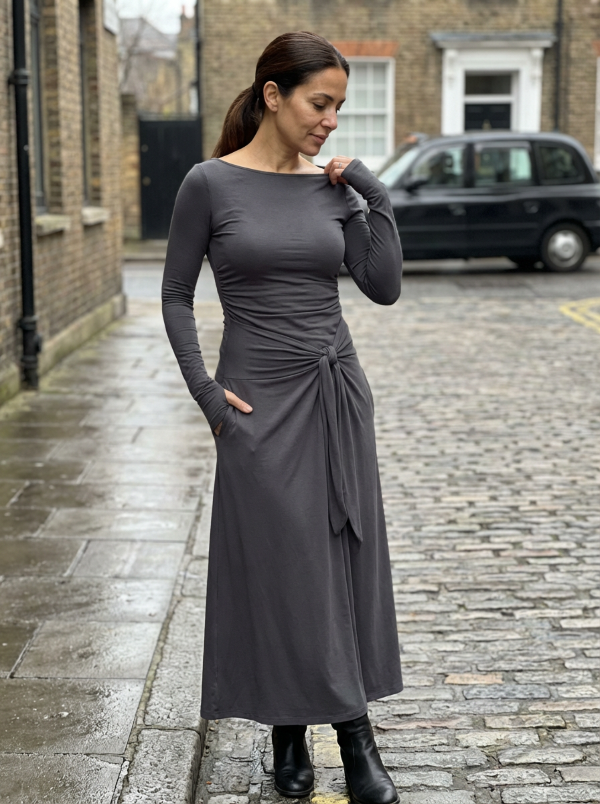 Maxi Dress Women Wrap Front Knot Detail V‑Neck Longsleeve
