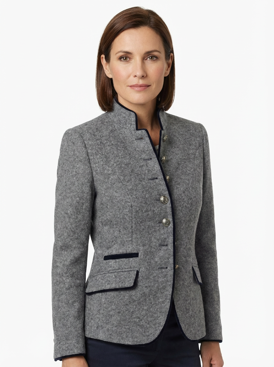 Blazer Women Tailored Waist Stand Collar Piped Detail