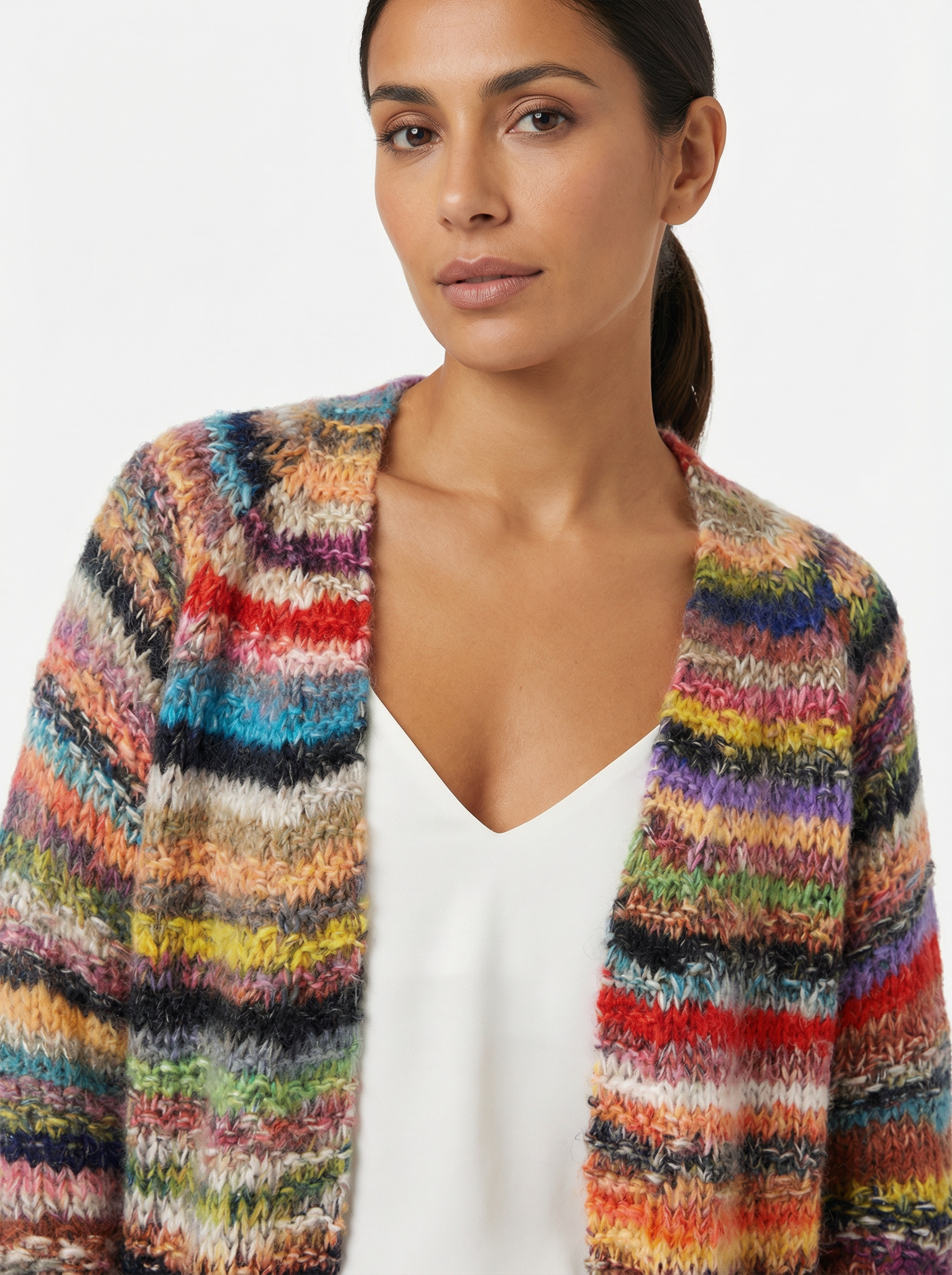 Cardigan Women Open Front Contrast Stripes