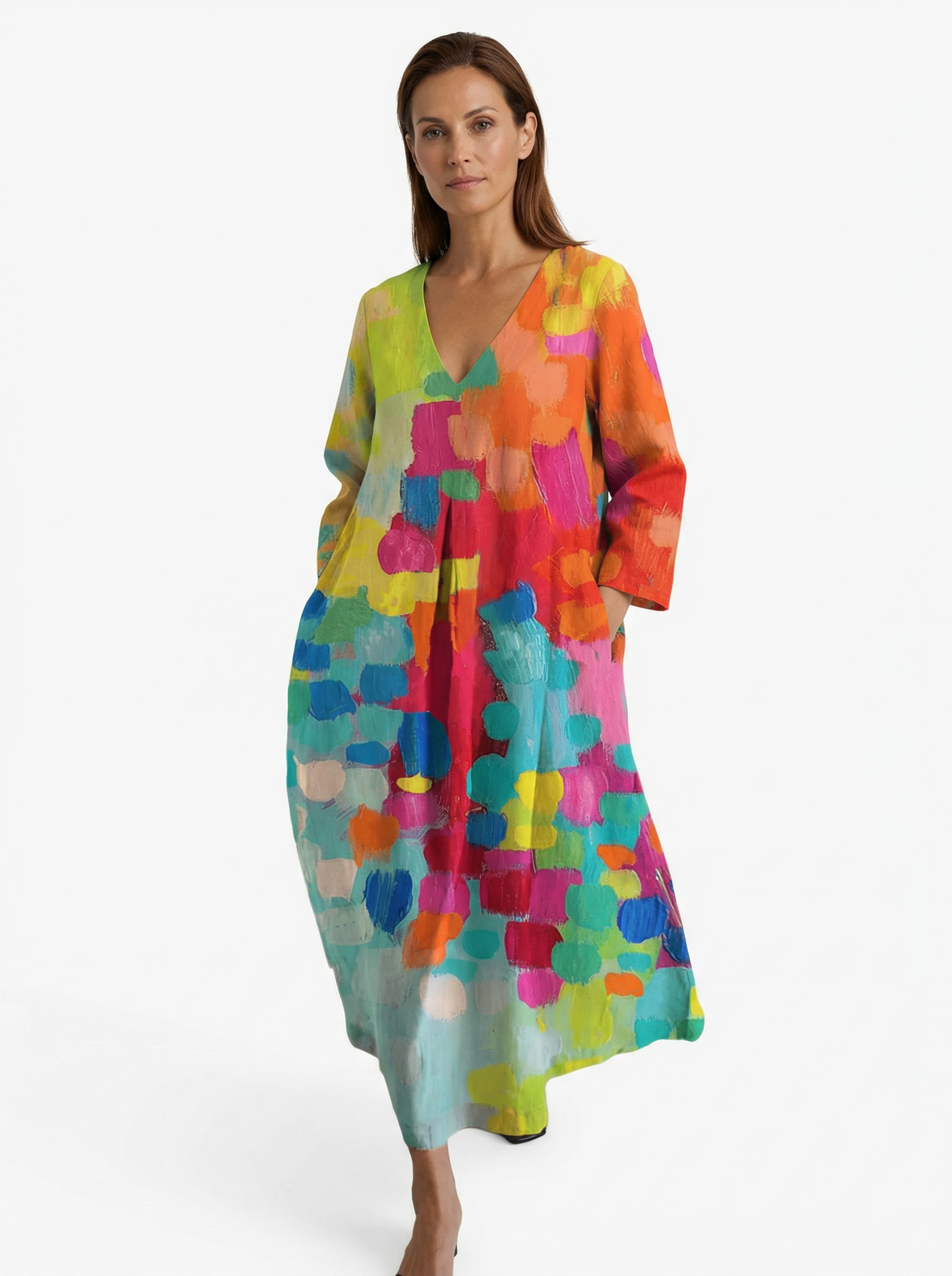Printed V-Neck Dress for Women with Flowing Cut