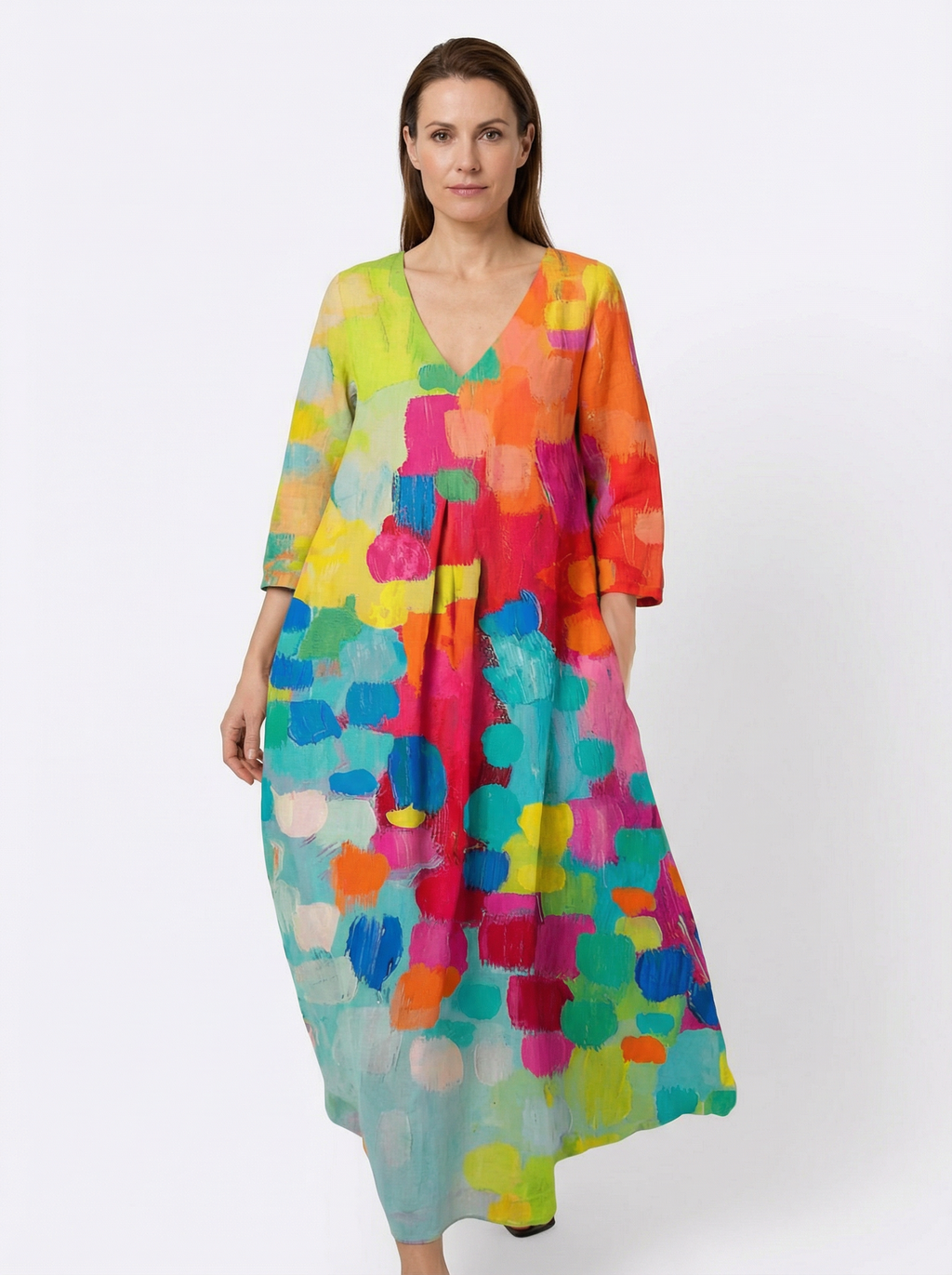Printed V-Neck Dress for Women with Flowing Cut