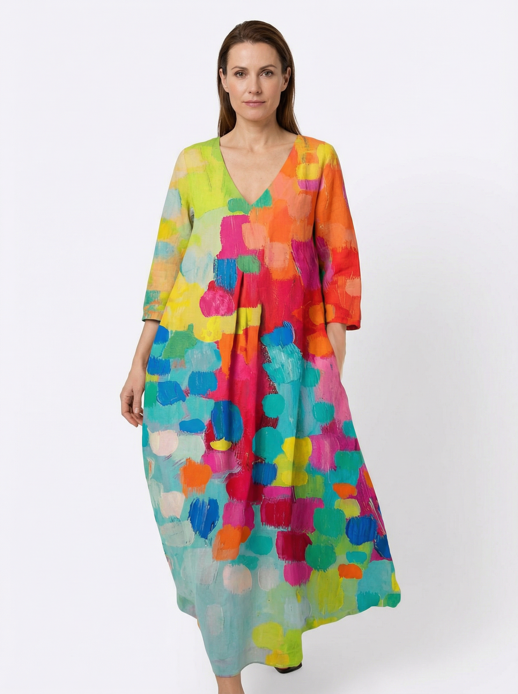 Printed V-Neck Dress for Women with Flowing Cut