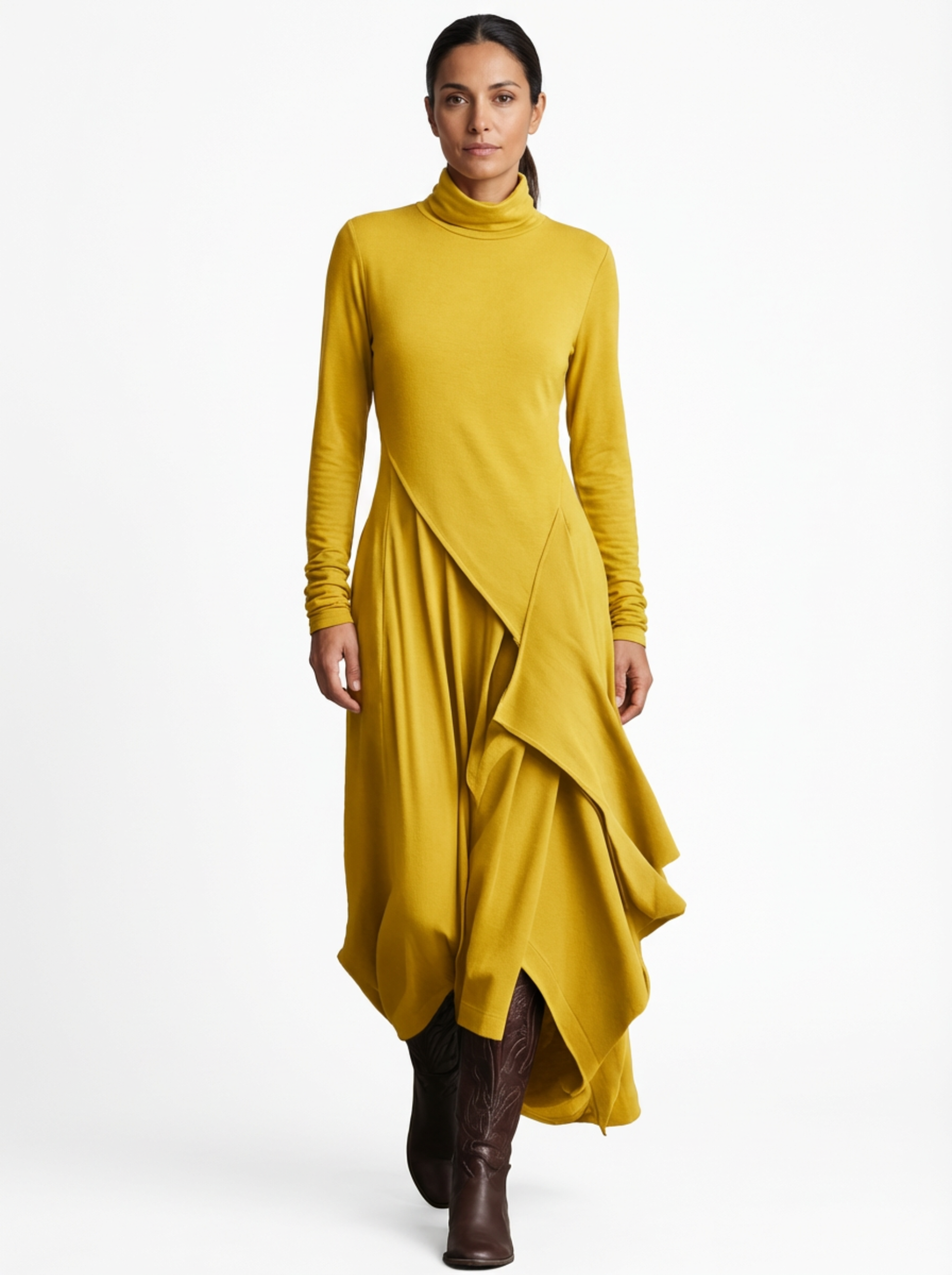 Dress Maxi Women Long Sleeve Turtleneck Asymmetric Design