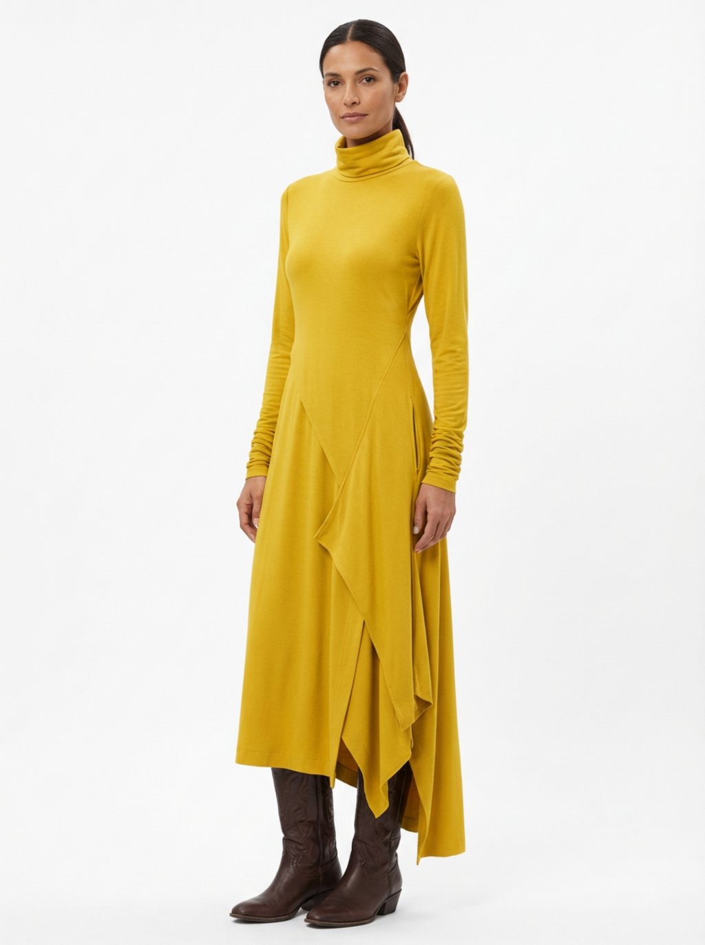 Dress Maxi Women Long Sleeve Turtleneck Asymmetric Design