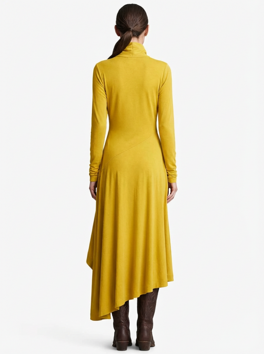Dress Maxi Women Long Sleeve Turtleneck Asymmetric Design