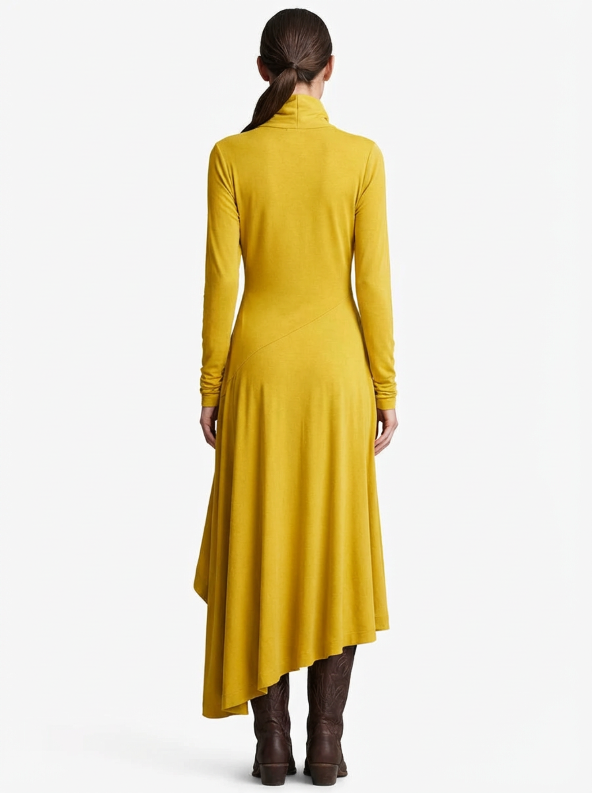 Dress Maxi Women Long Sleeve Turtleneck Asymmetric Design