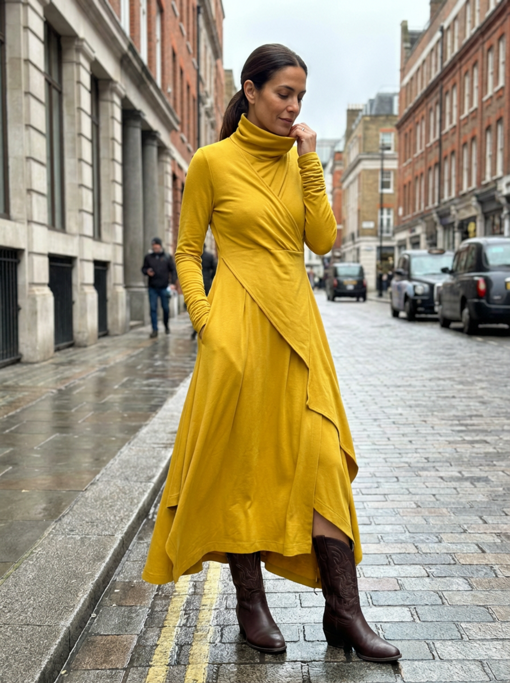 Dress Maxi Women Long Sleeve Turtleneck Asymmetric Design