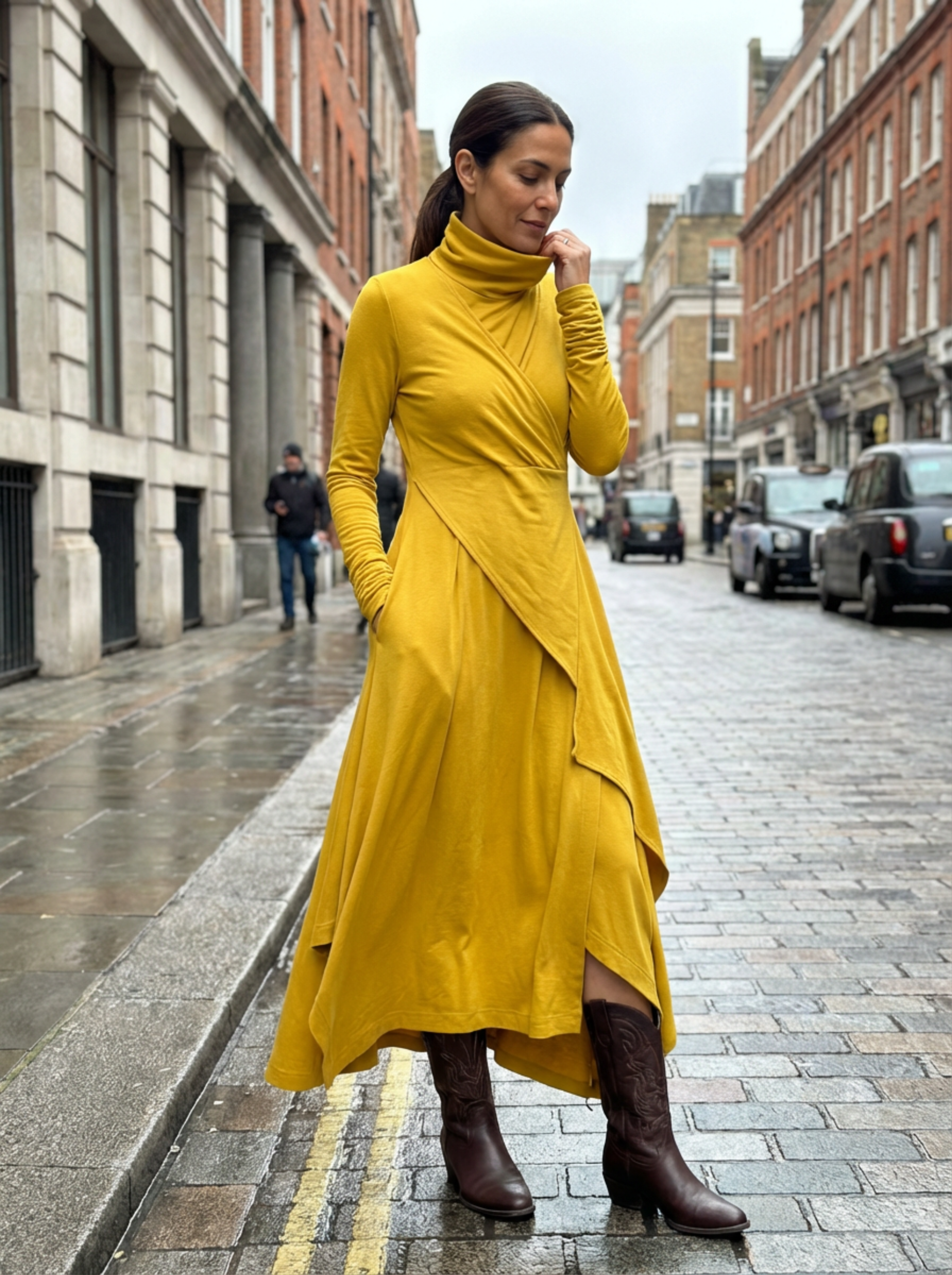Dress Maxi Women Long Sleeve Turtleneck Asymmetric Design
