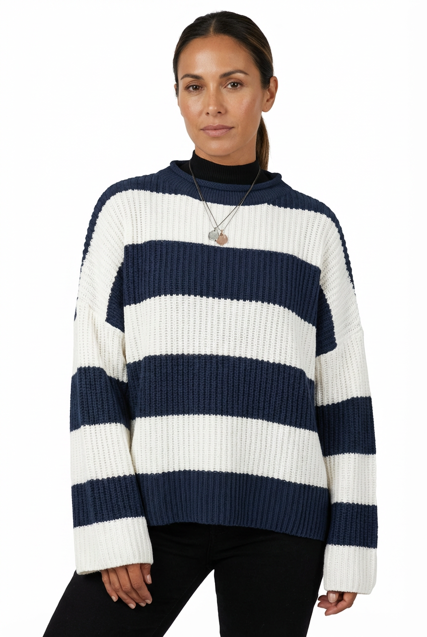 Sweater Women Striped Crew Neck Oversized Fit