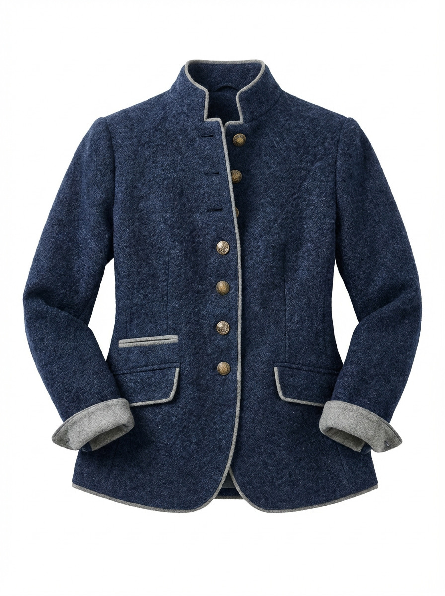 Blazer Women Tailored Waist Stand Collar Piped Detail