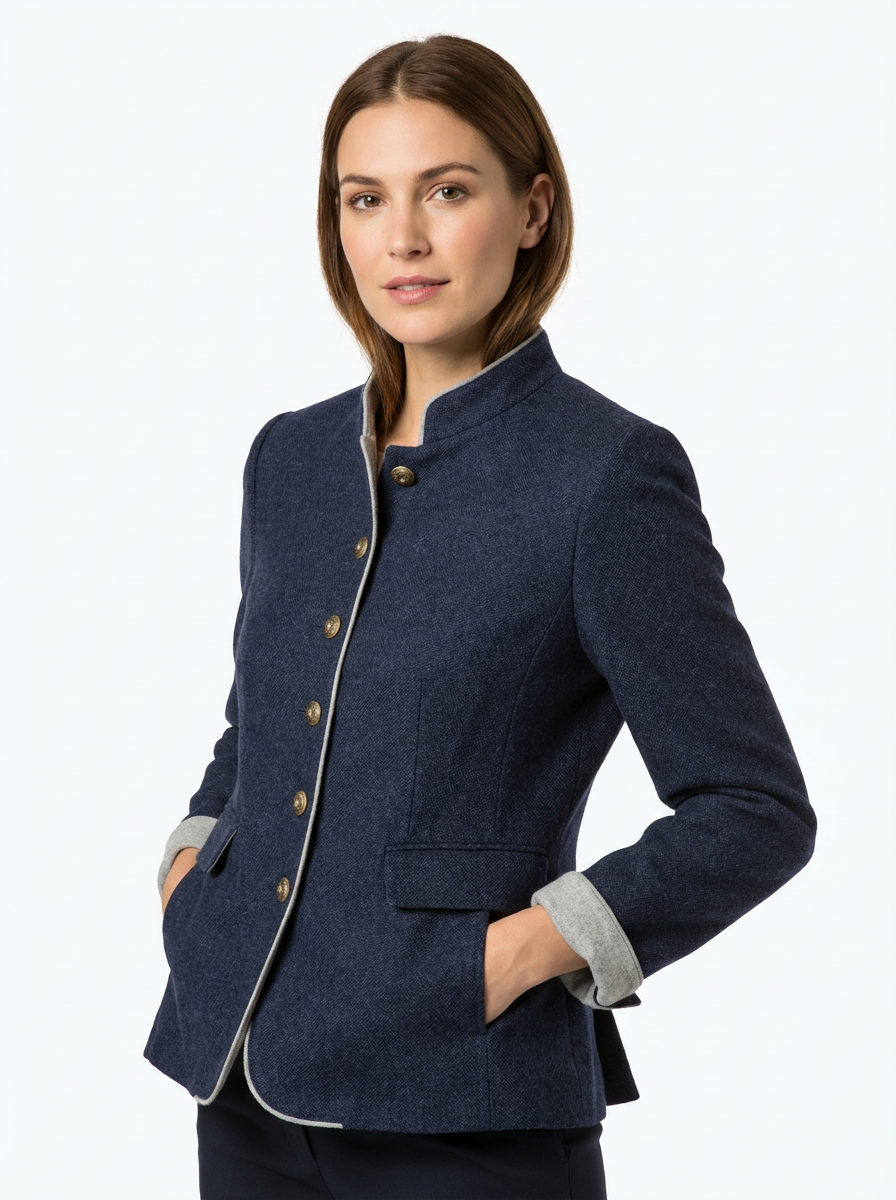 Blazer Women Tailored Waist Stand Collar Piped Detail