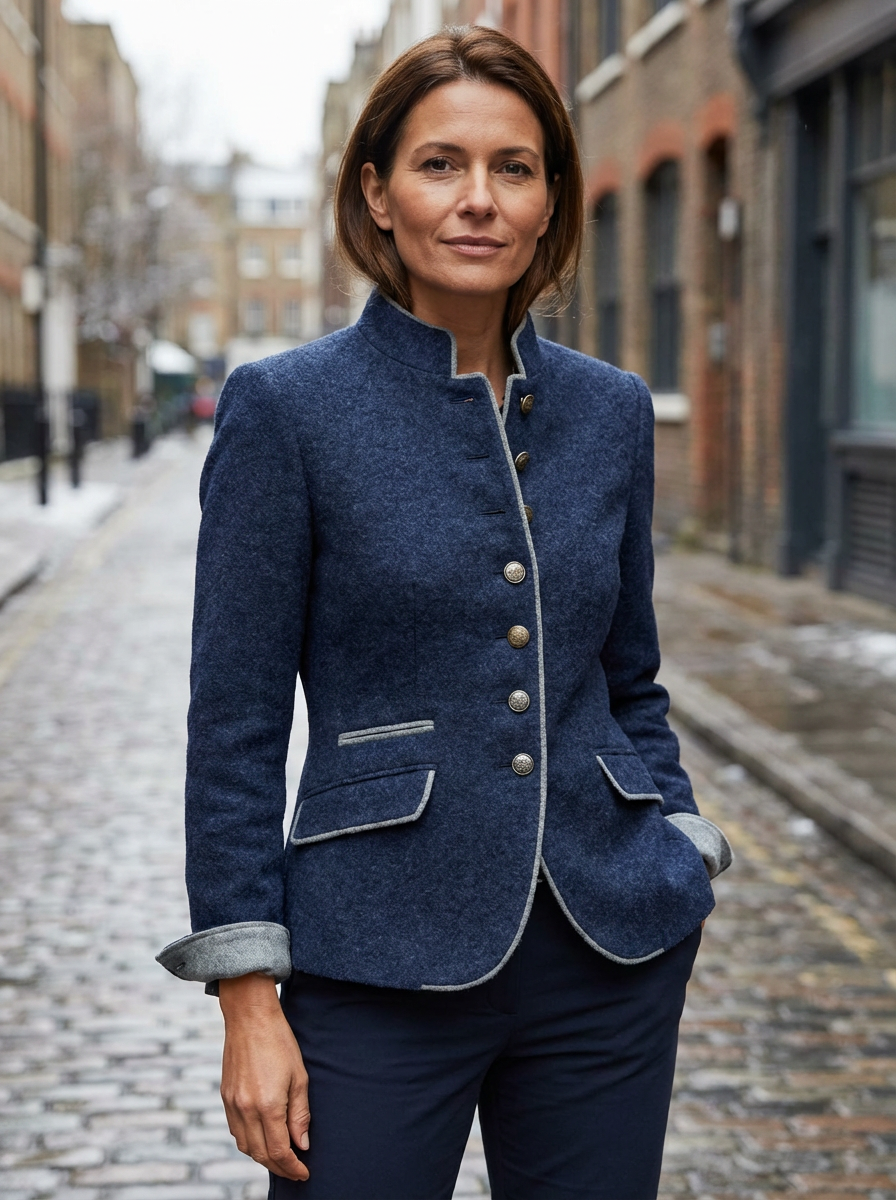 Blazer Women Tailored Waist Stand Collar Piped Detail