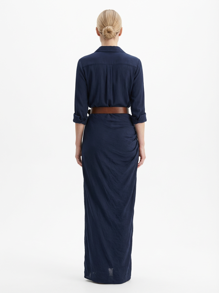 Maxi Dress Women Lapel Collar Belted Single Breasted Long Sleeve