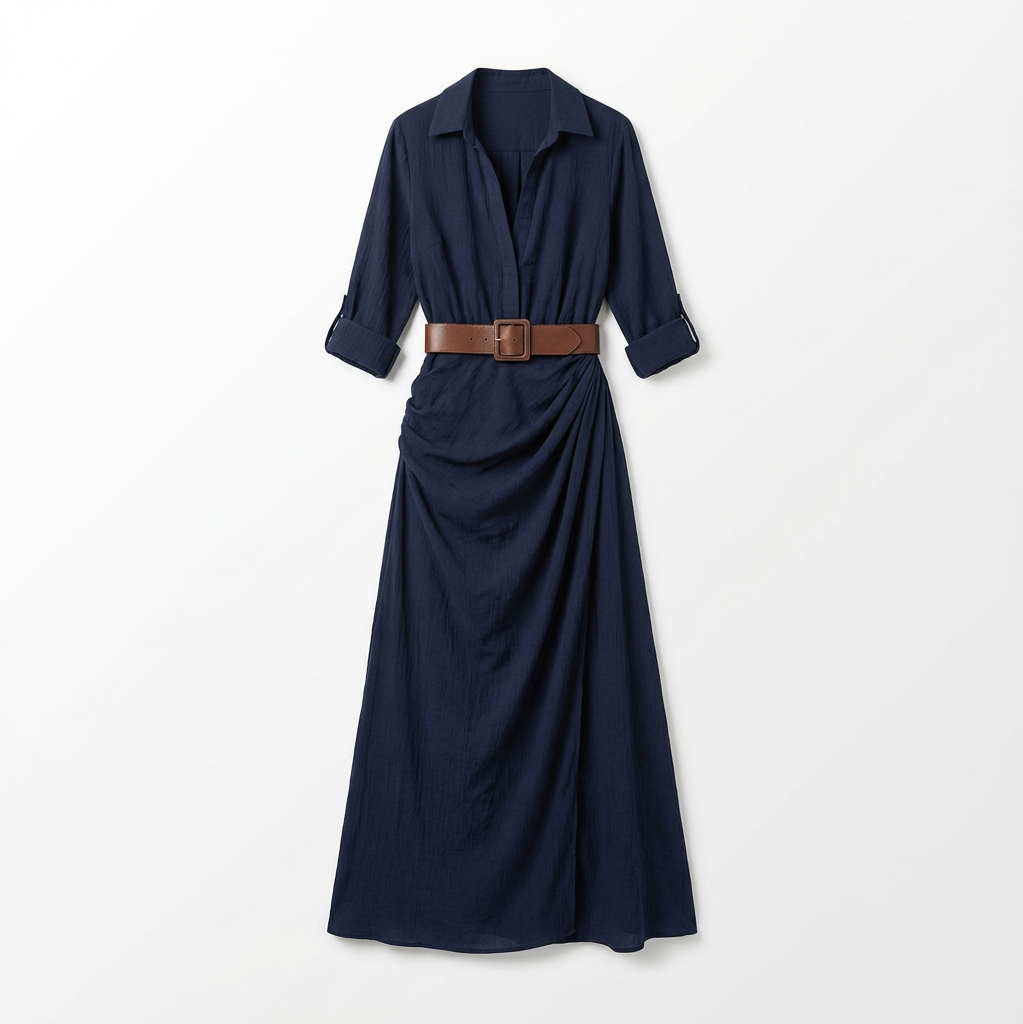 Maxi Dress Women Lapel Collar Belted Single Breasted Long Sleeve
