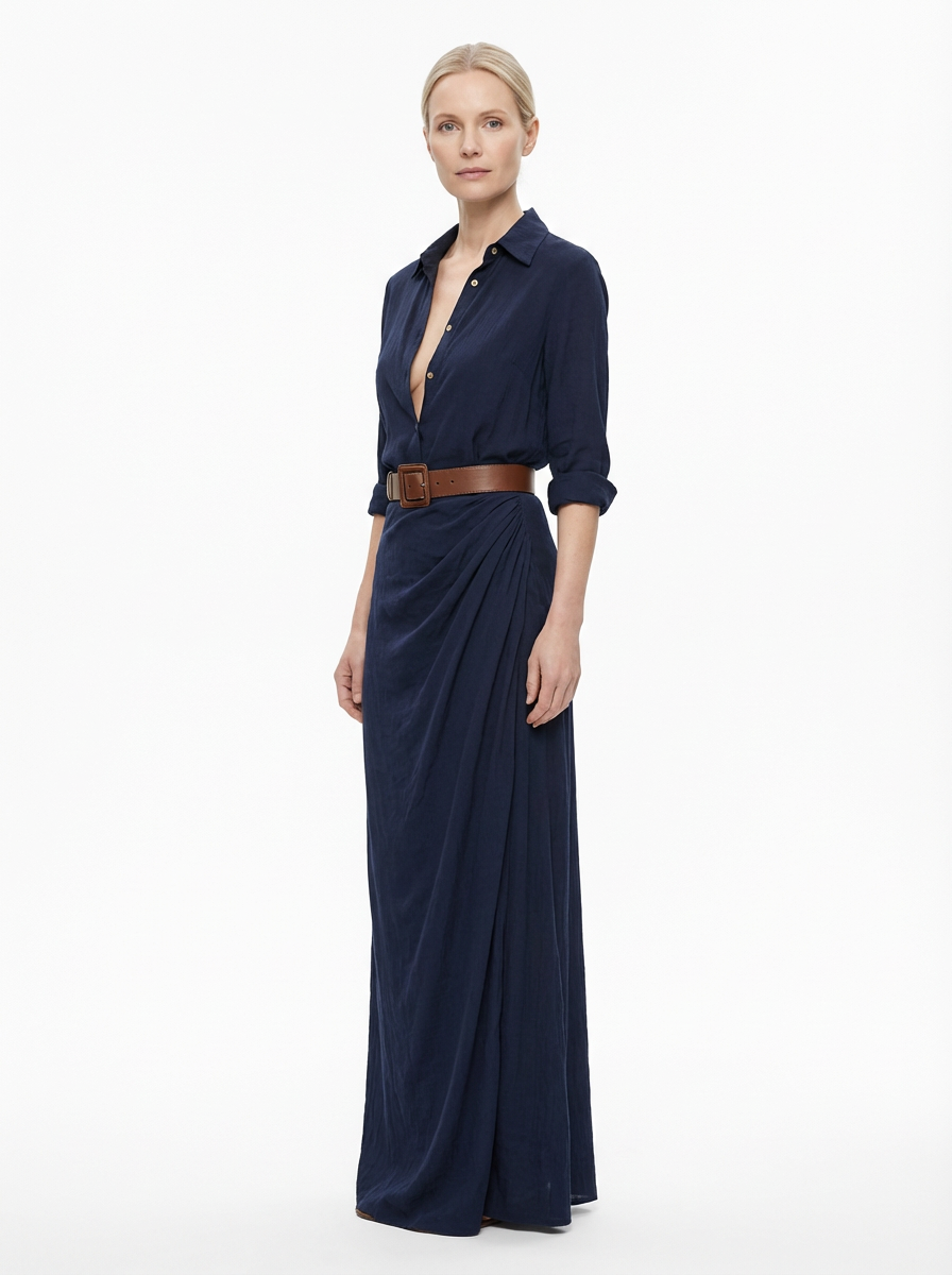 Maxi Dress Women Lapel Collar Belted Single Breasted Long Sleeve
