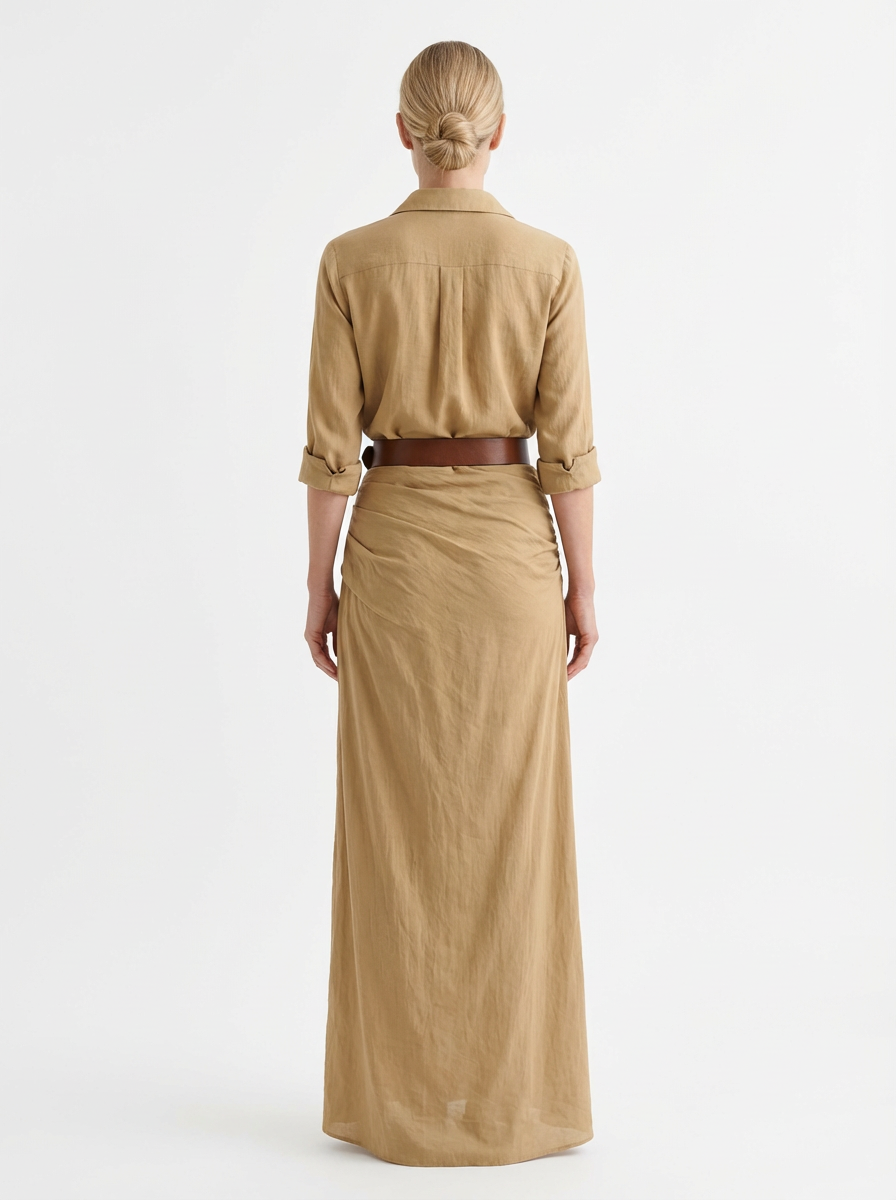 Maxi Dress Women Lapel Collar Belted Single Breasted Long Sleeve