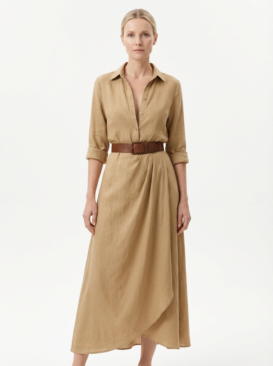 Maxi Dress Women Lapel Collar Belted Single Breasted Long Sleeve