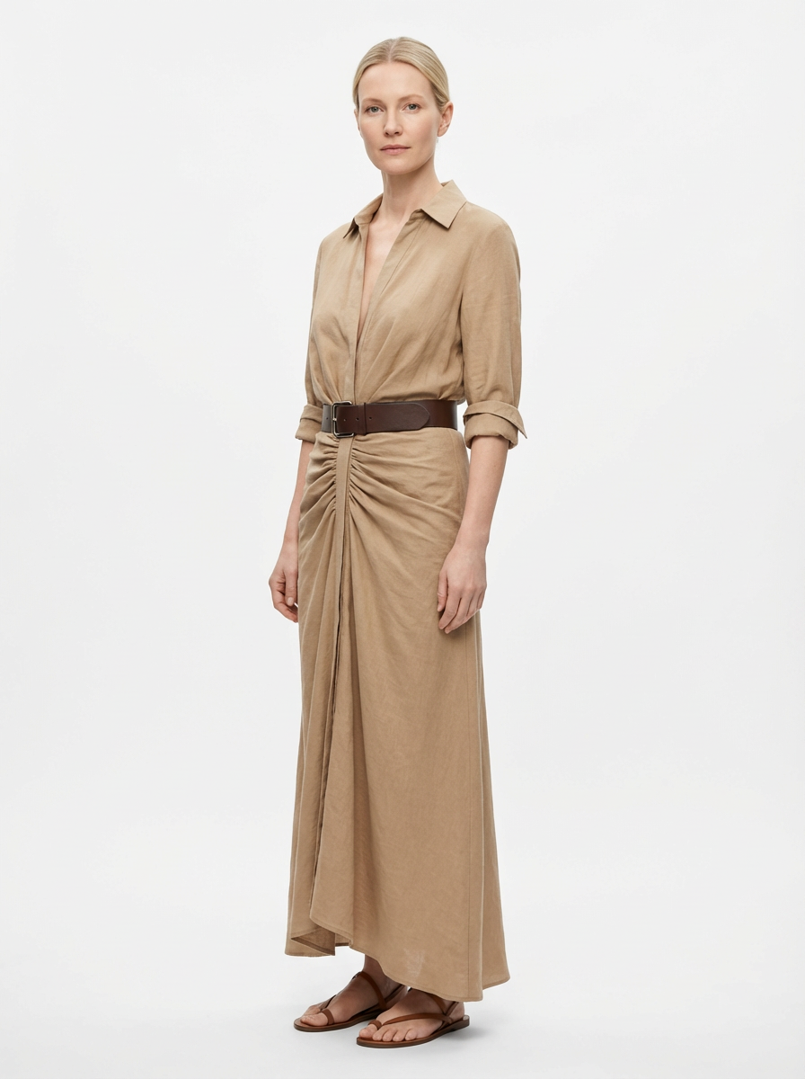 Maxi Dress Women Lapel Collar Belted Single Breasted Long Sleeve