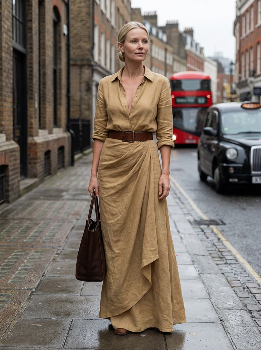 Maxi Dress Women Lapel Collar Belted Single Breasted Long Sleeve
