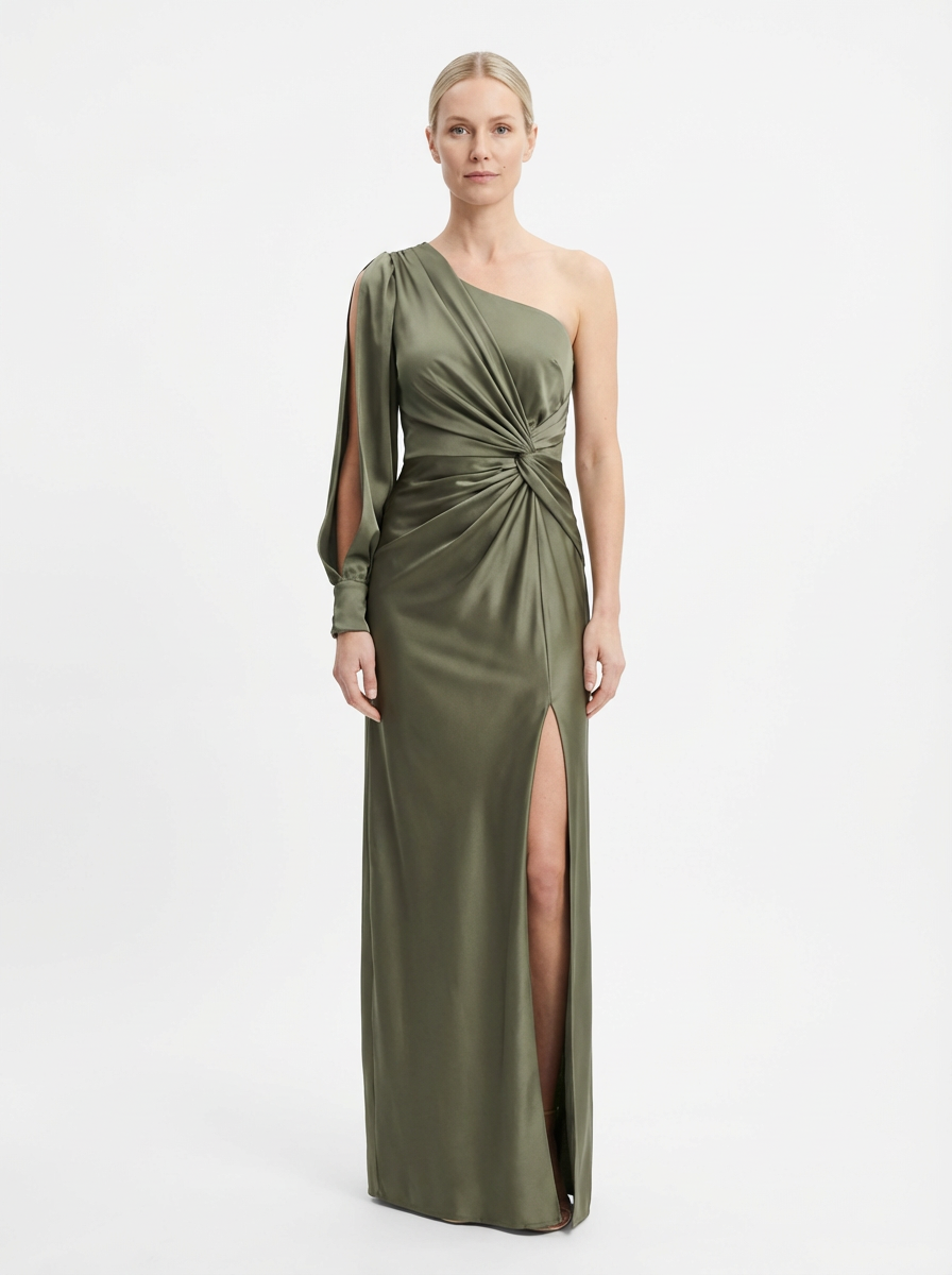 One-Shoulder Dress Women Draped Accent Front Split Classy Nights
