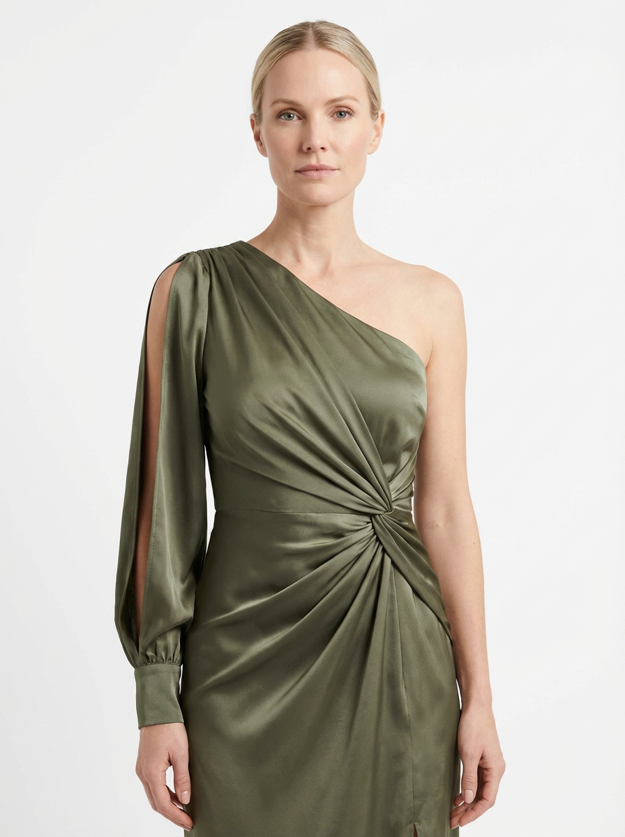 One-Shoulder Dress Women Draped Accent Front Split Classy Nights