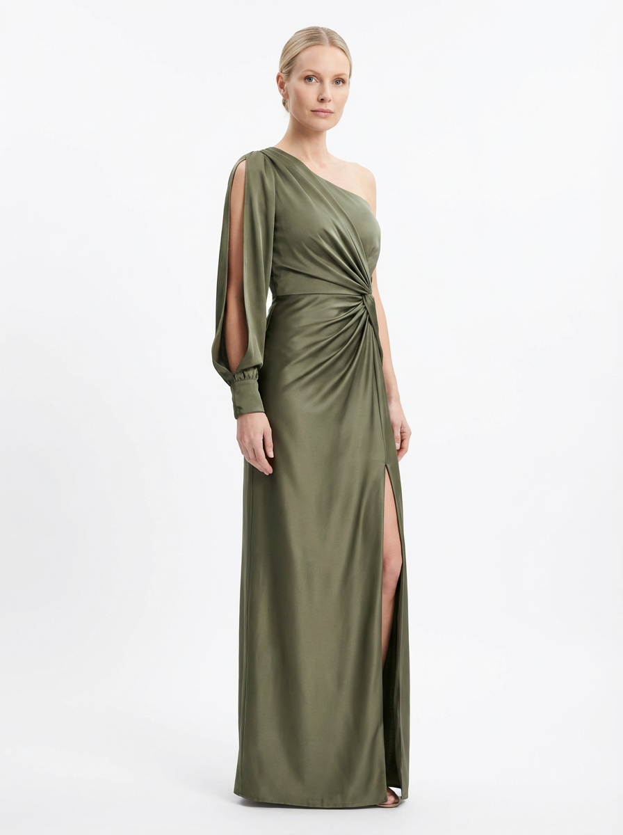 One-Shoulder Dress Women Draped Accent Front Split Classy Nights