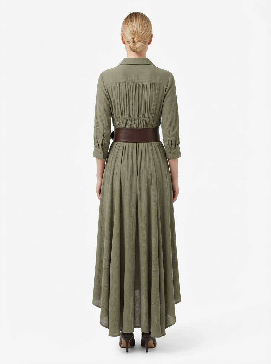 Maxi Dress Women Single Breasted Pleated Lapel Collar Long Sleeve