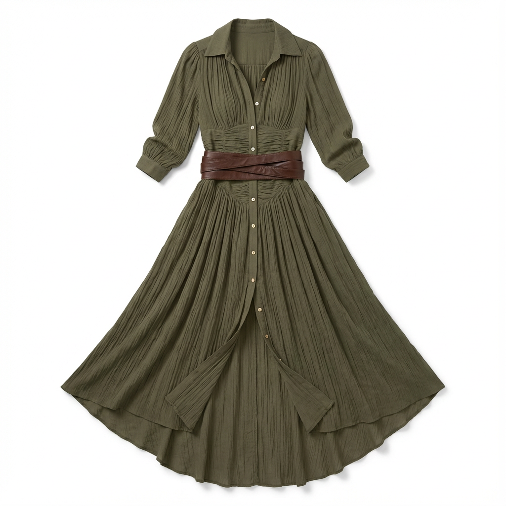 Maxi Dress Women Single Breasted Pleated Lapel Collar Long Sleeve
