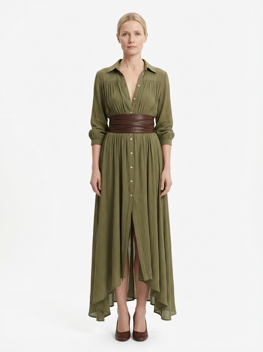 Maxi Dress Women Single Breasted Pleated Lapel Collar Long Sleeve