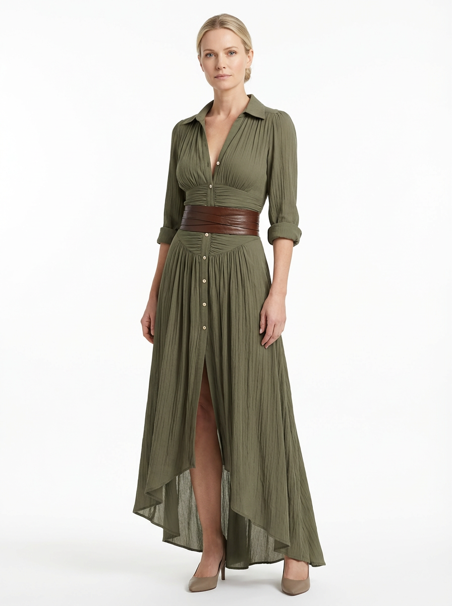 Maxi Dress Women Single Breasted Pleated Lapel Collar Long Sleeve