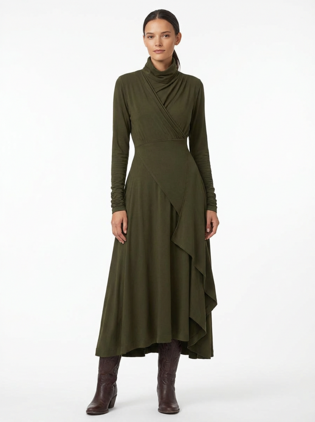 Dress Maxi Women Long Sleeve Turtleneck Asymmetric Design